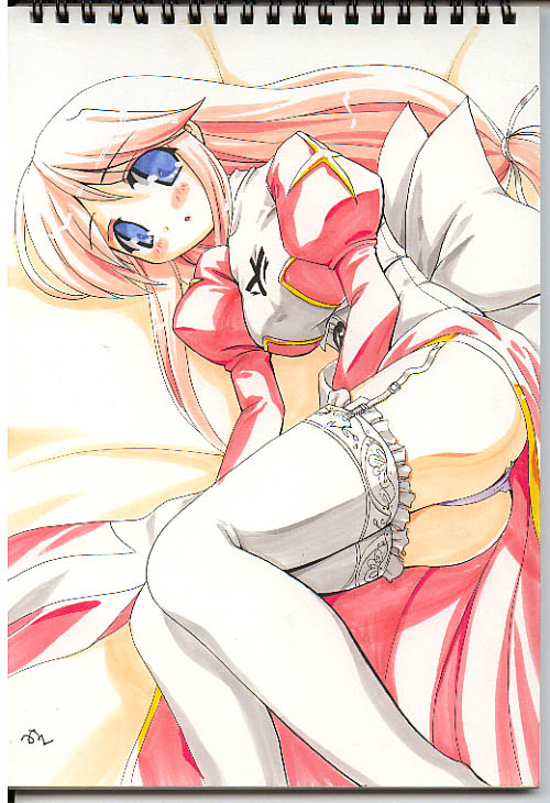 high priest (ragnarok online), ragnarok online, tagme, cross, cross print, dress, frilled thighhighs, frills, garter belt, long bangs, panties, parted bangs, priestess, solo, thighhighs, two-tone dress, underwear, white thighhighs