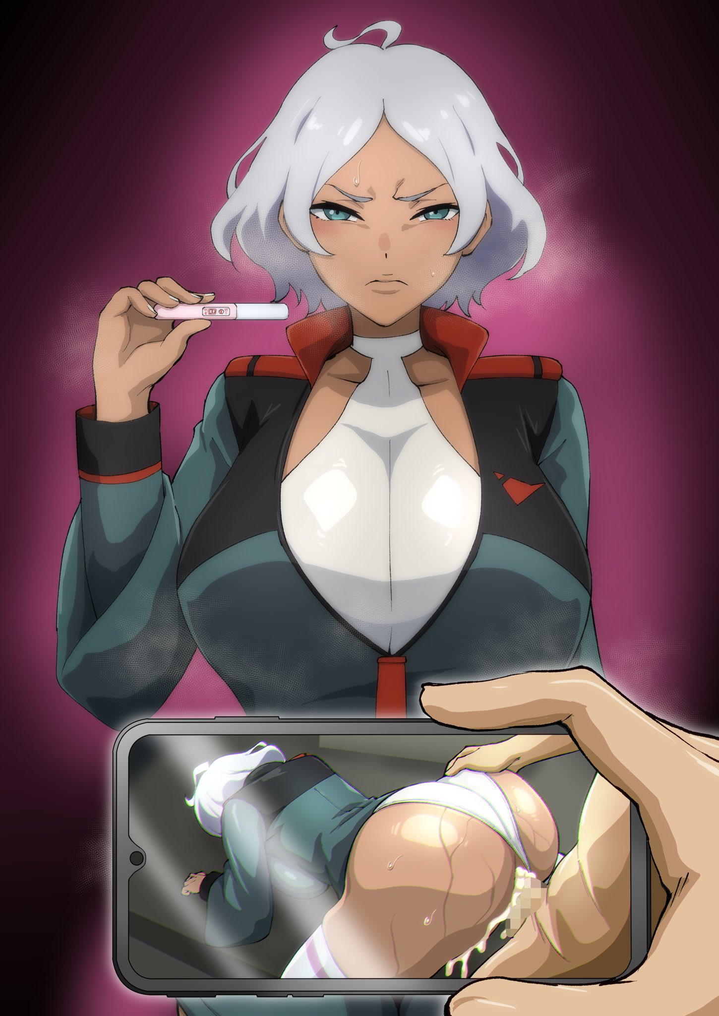 iwao178, secelia dote, gundam, gundam suisei no majo, 1girl, breasts, cum, cum in pussy, dark-skinned female, dark skin, large breasts, pregnancy test