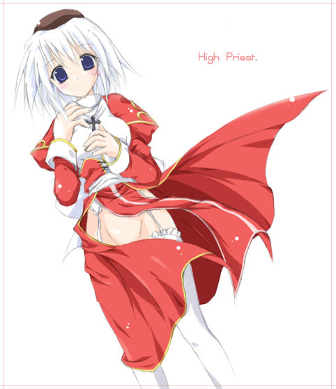 tokita, high priest (ragnarok online), ragnarok online, 1girl, dress, female focus, no panties, priestess, solo, thighhighs, two-tone dress, white hair