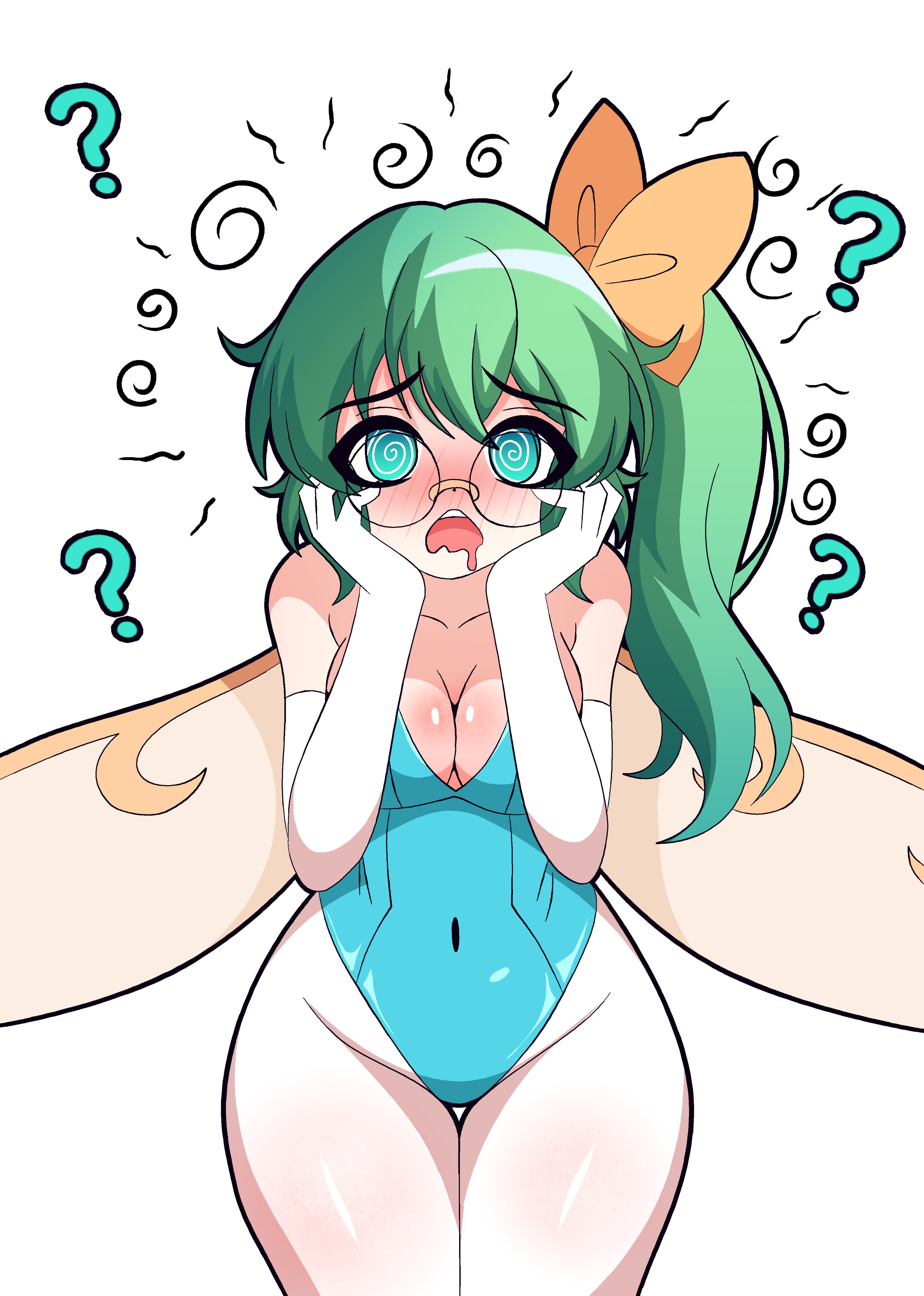 ruihill, daiyousei, touhou, 1girl, ?, @ @, bare shoulders, blue leotard, blush, bow, breasts, cleavage, covered navel, drooling, glasses, gloves, green eyes, green hair, hair bow, hands on own cheeks, hands on own face, leotard, open mouth, orange bow, pantyhose, ponytail, round eyewear, simple background, solo, strapless, strapless leotard, teeth, upper teeth only, white background, white gloves, white pantyhose, wings