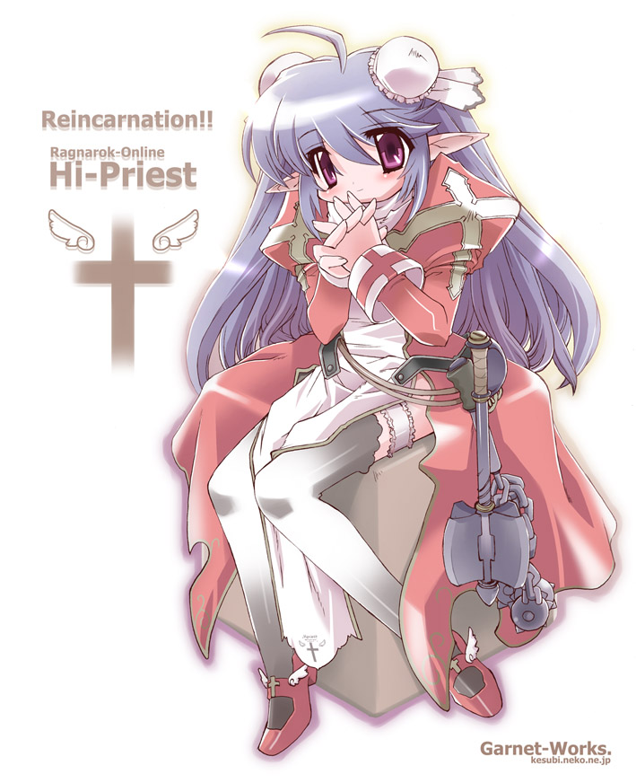 high priest (ragnarok online), ragnarok online, 1girl, ahoge, blush, box, dress, female focus, full body, juliet sleeves, long hair, long sleeves, mary janes, priestess, puffy sleeves, red dress, red eyes, red hair, shoes, sitting, solo, text focus, thighhighs, very long hair, white background