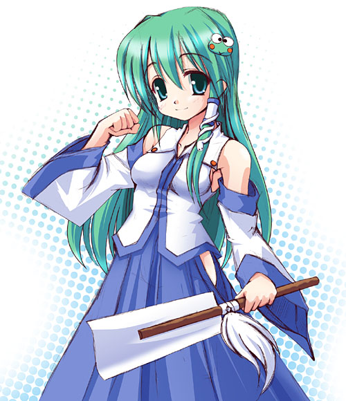 betti, kochiya sanae, touhou, 1girl, detached sleeves, female focus, green eyes, green hair, hair ornament, long hair, solo, standing, white background