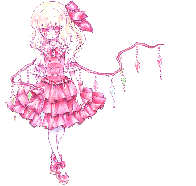 miri, miri (tobira no mukou), flandre scarlet, touhou, 1girl, adapted costume, blouse, blunt bangs, colored eyelashes, dress, eyelashes, female focus, frilled vest, frills, hair ribbon, lolita fashion, no nose, ribbon, shirt, simple background, solo, vest, white shirt, wings