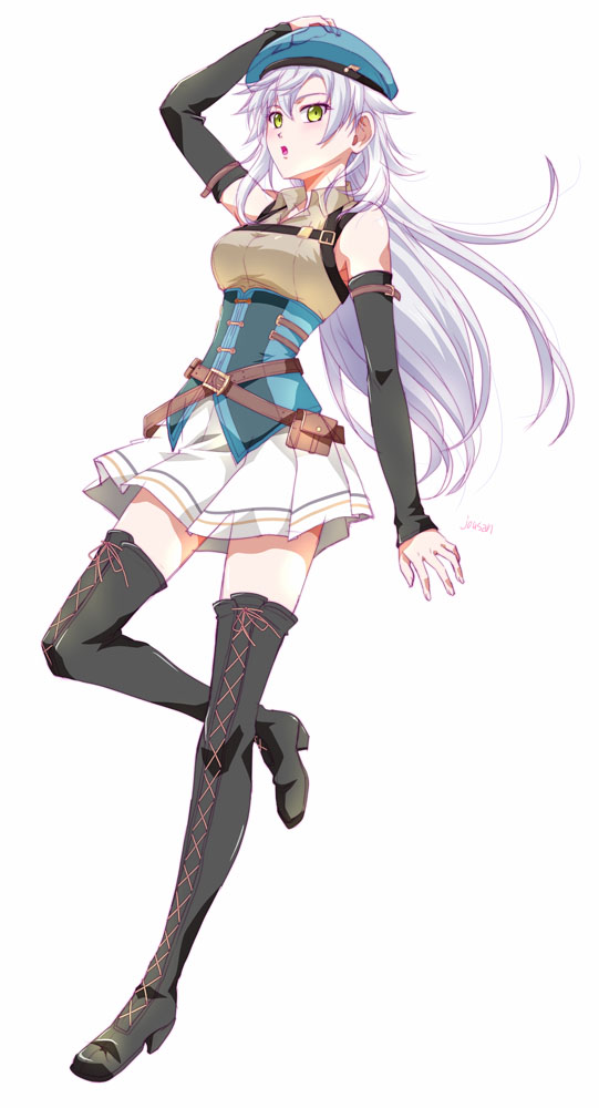 xiacheng tatsuya, fie claussell, eiyuu densetsu, kuro no kiseki (series), kuro no kiseki i, 1girl, artist name, boots, breasts, detached sleeves, floating hair, full body, green eyes, hair between eyes, long hair, medium breasts, parted bangs, simple background, skirt, solo, thigh boots, white background, white hair