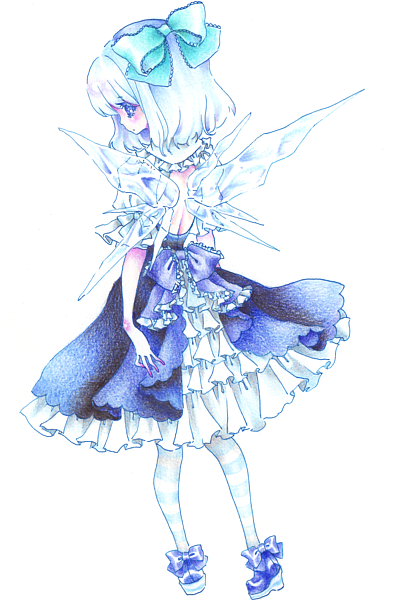 miri, miri (tobira no mukou), cirno, touhou, 1girl, adapted costume, backless dress, backless outfit, dress, female focus, frills, from behind, gathers, hair ribbon, lolita fashion, pantyhose, ribbon, solo, striped clothes, striped pantyhose, wings