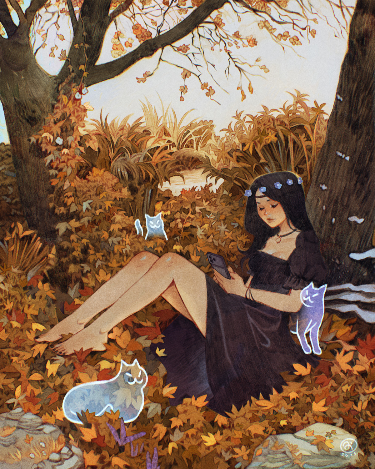 simz, original, highres, 1girl, against tree, artist logo, autumn, autumn leaves, barefoot, black dress, black hair, black nails, bracelet, breasts, cat, cleavage, closed eyes, dress, full body, ghost, head wreath, headband, holding, holding phone, jewelry, leaf, logo, mushroom, necklace, on ground, outdoors, phone, rock, sitting, solo, tree