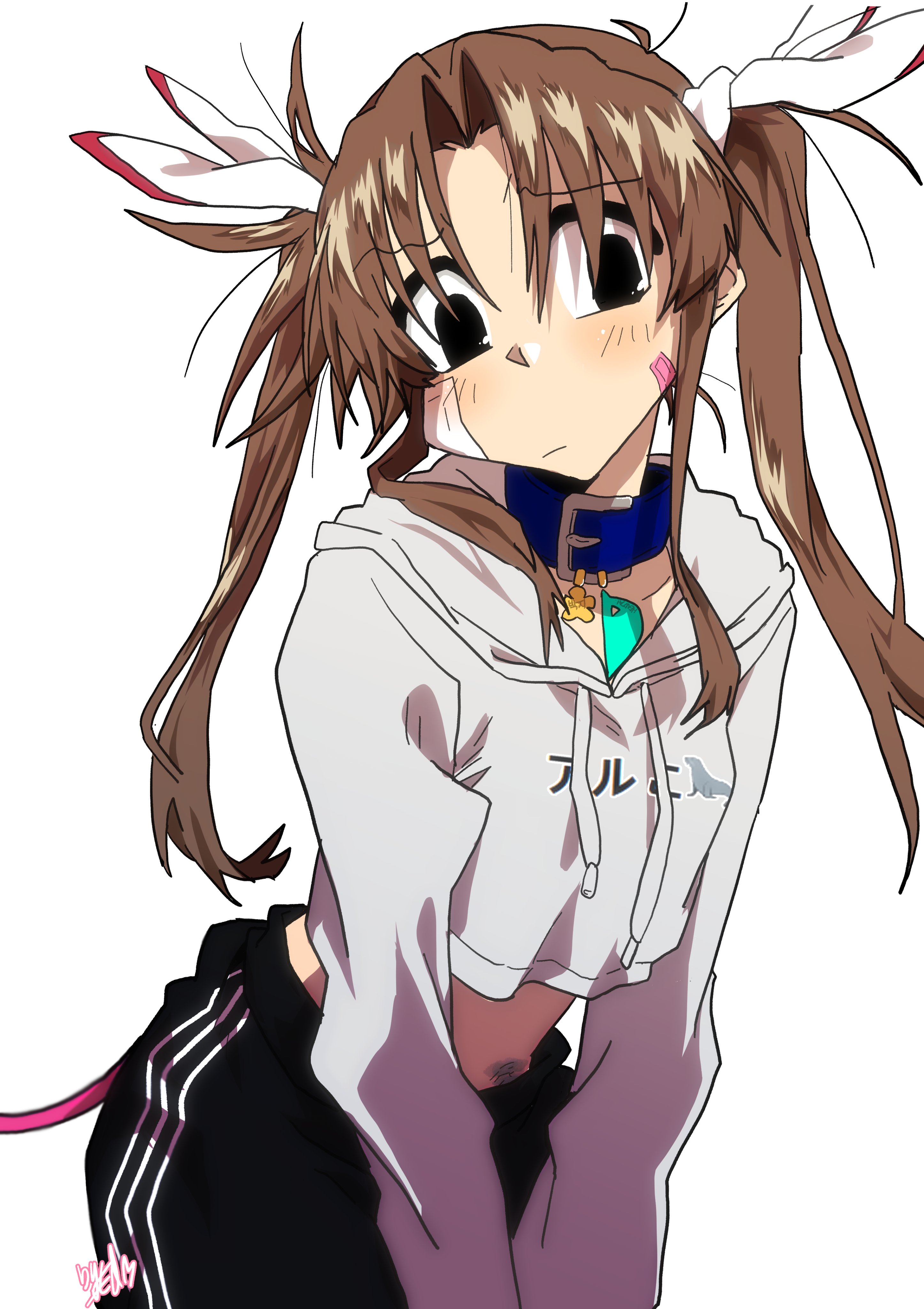 edkuroki, original, absurdres, highres, 1girl, alternate hairstyle, bandaid, bandaid on cheek, bandaid on face, black eyes, black pants, blue collar, bow, bruise, closed mouth, clothes writing, collar, collarbone, crop top, gauze, gauze on cheek, hair bow, hair intakes, hood, hoodie, injury, jewelry, long hair, messy hair, midriff, necklace, pants, pink tail, signature, simple background, solo, tail, track pants, twintails, very long hair, white background, white bow, white hoodie