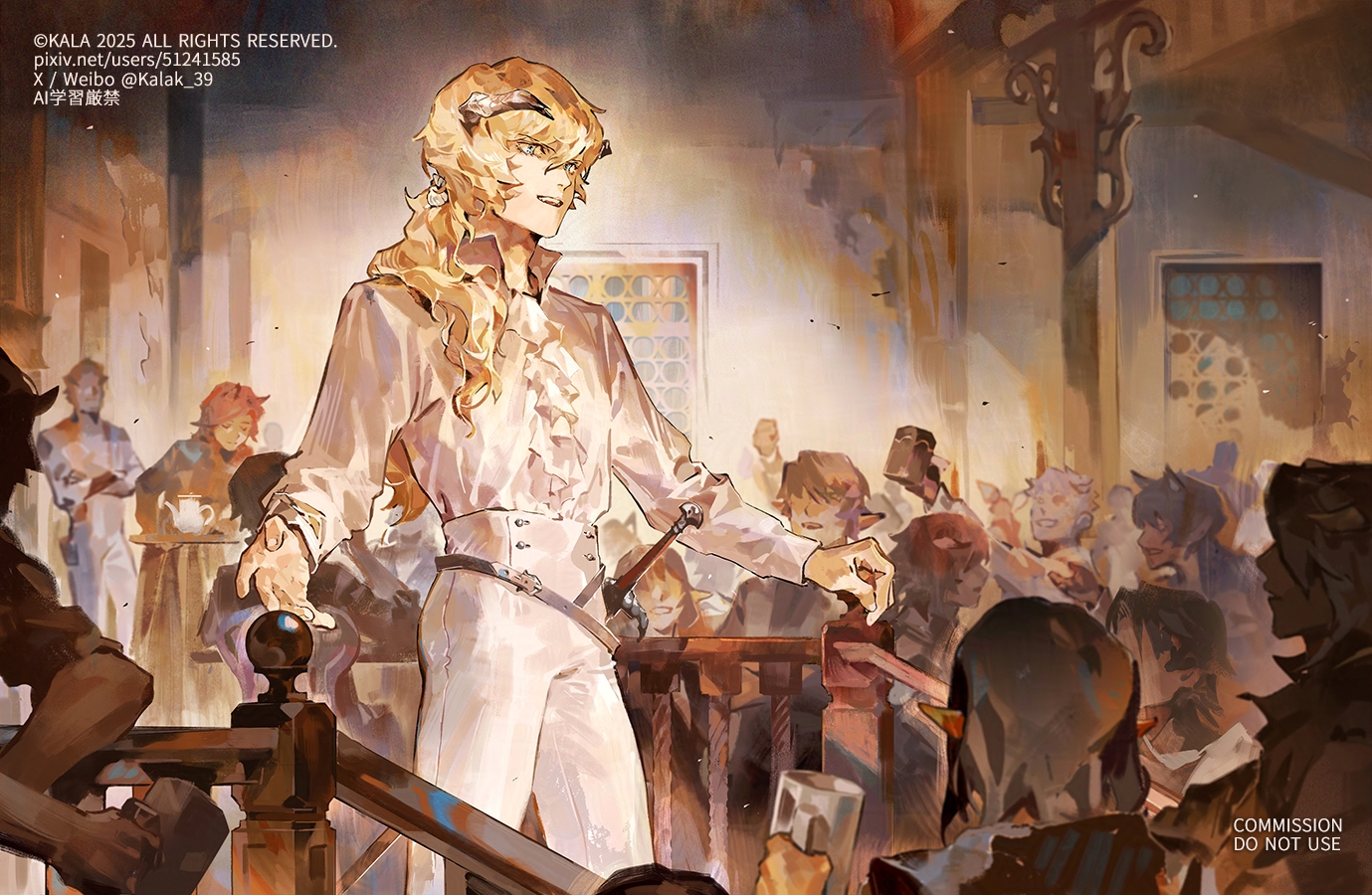 kalak 39, louis (metaphor: refantazio), metaphor: refantazio, commentary request, commission, 1boy, against railing, alternate costume, animal ears, ascot, belt, belt buckle, blonde hair, blue eyes, blurry, buckle, closed eyes, closed mouth, cup, depth of field, grey belt, hair between eyes, hair over shoulder, holding, holding cup, holding tray, horns, indoors, long hair, long sleeves, looking ahead, male focus, pants, parted lips, people, pixiv id, pointy ears, railing, sheath, sheathed, shirt, short hair, smile, solo focus, standing, sword, tankard, tavern, teapot, teeth, tray, twitter username, upper teeth only, wavy hair, weapon, weibo username, white ascot, white pants, white shirt, window