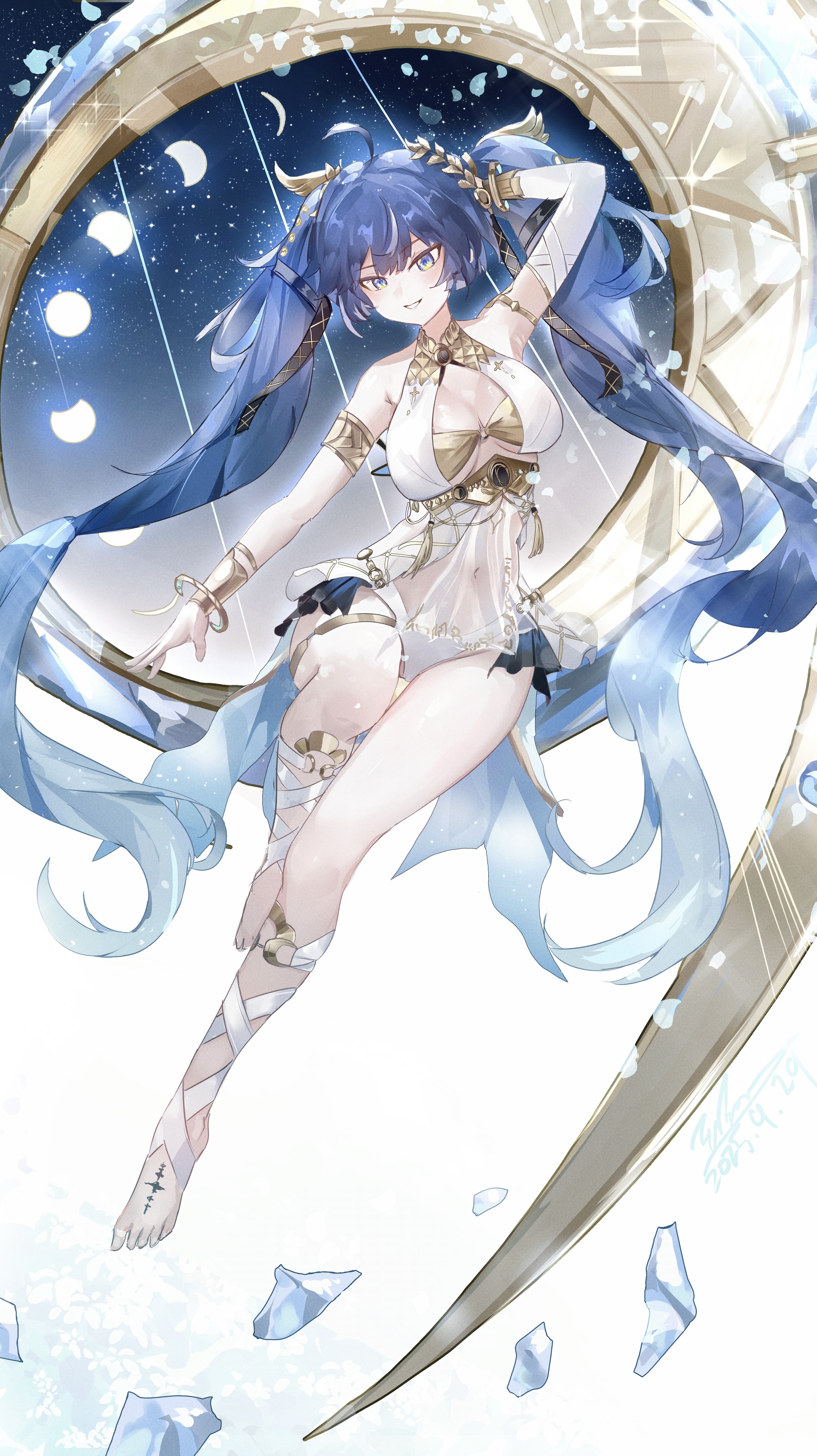 edison (mvpg8237), iuno (wuthering waves), wuthering waves, absurdres, commentary, highres, 1girl, ahoge, ancient greek clothes, arm up, barefoot, black skirt, blue eyes, breasts, feet, gold bra, greco-roman clothes, hair belt, jewelry, large breasts, laurel crown, leg wrap, looking at viewer, miniskirt, multicolored hair, navel, night, night sky, parted lips, showgirl skirt, skirt, sky, smile, solo, star (sky), starry sky, streaked hair, tacet mark (wuthering waves), thighlet, thighs, toes, twintails, vambraces