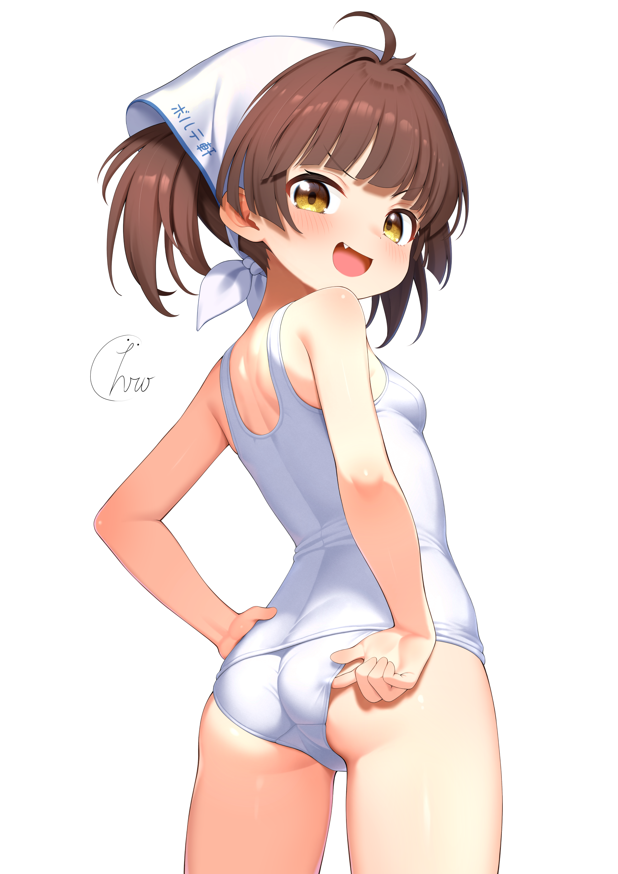chrorhc, yamashina kanade, bemani, sound voltex, absurdres, commentary request, highres, 1girl, adjusting clothes, adjusting swimsuit, ass, bandana, breasts, brown eyes, brown hair, fang, from behind, hand on own hip, looking at viewer, looking back, one-piece swimsuit, school swimsuit, simple background, skin fang, small breasts, solo, swimsuit, twintails, white background, white one-piece swimsuit