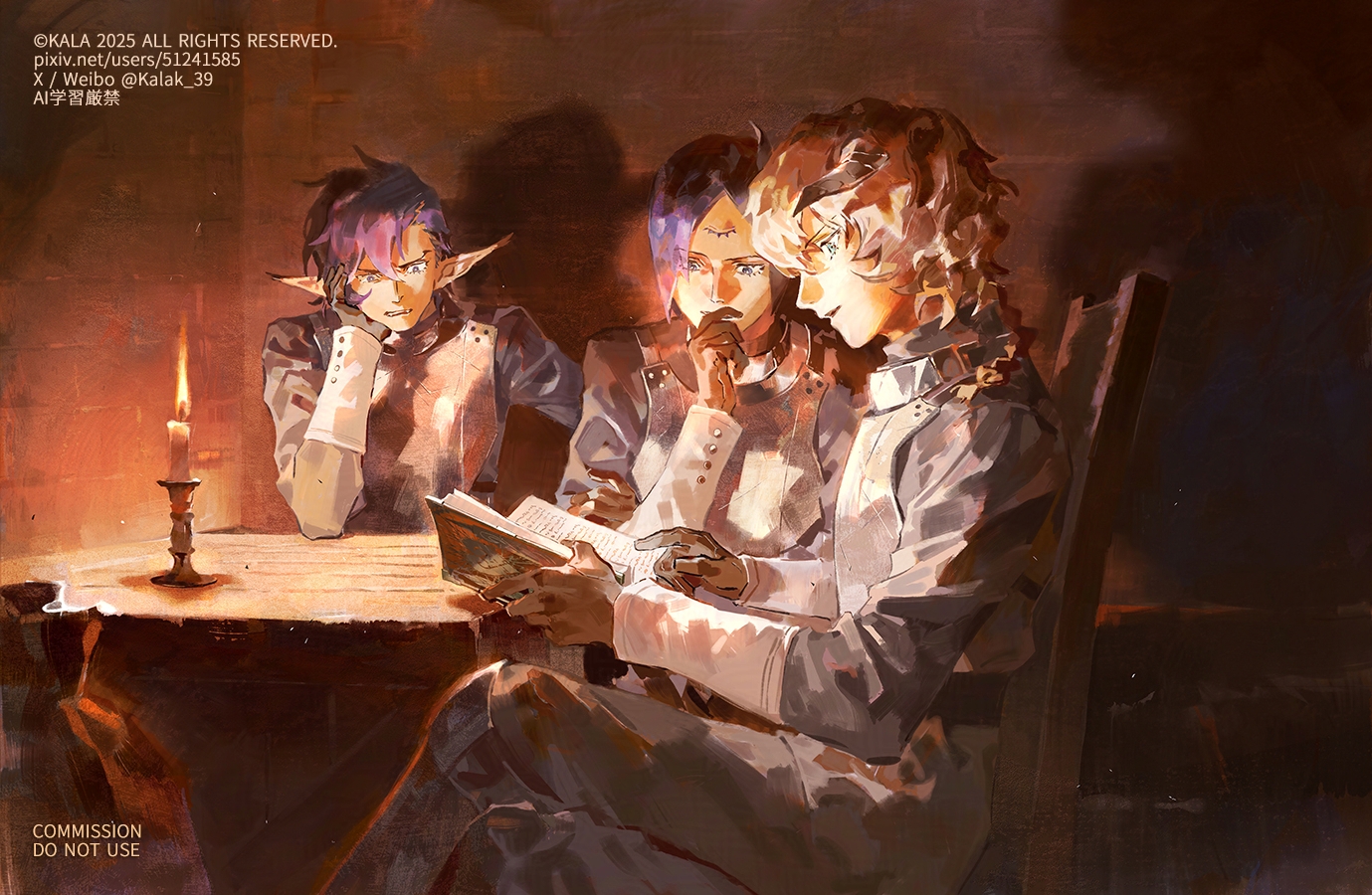 kalak 39, glodell (metaphor: refantazio), louis (metaphor: refantazio), zorba (metaphor: refantazio), metaphor: refantazio, commentary request, commission, 3boys, aged down, alternate hairstyle, armor, black gloves, blonde hair, blue eyes, book, braid, braided ponytail, breastplate, candle, chair, crossed legs, elbow rest, gloves, gorget, grey pants, grey shirt, hair between eyes, hand on own arm, hand to own mouth, hand up, head rest, horns, indoors, long sleeves, looking at object, male focus, medium hair, multiple boys, night, on chair, open book, pants, parted lips, pixiv id, pointy ears, purple hair, reading, shirt, short hair, single braid, single horn, sitting, sleeve cuffs, table, third eye, turtleneck, turtleneck shirt, twitter username, weibo username