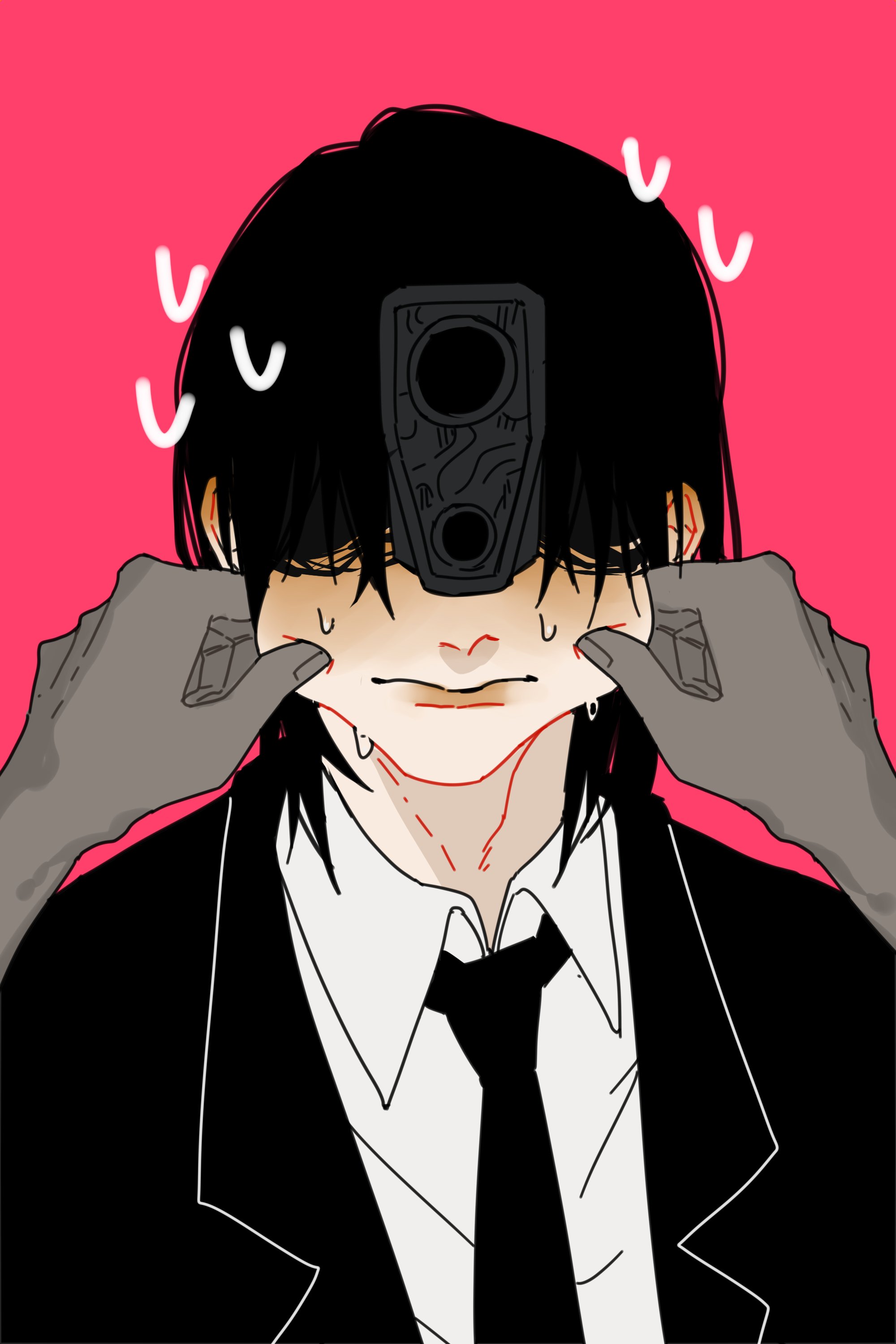 floatyart, gun devil (chainsaw man), hayakawa aki, chainsaw man, absurdres, highres, spoilers, blush, cheek pinching, closed mouth, colored skin, formal clothes, grey skin, gun, lips, necktie, pinching, pov, pov hands, suit, sweat, weapon