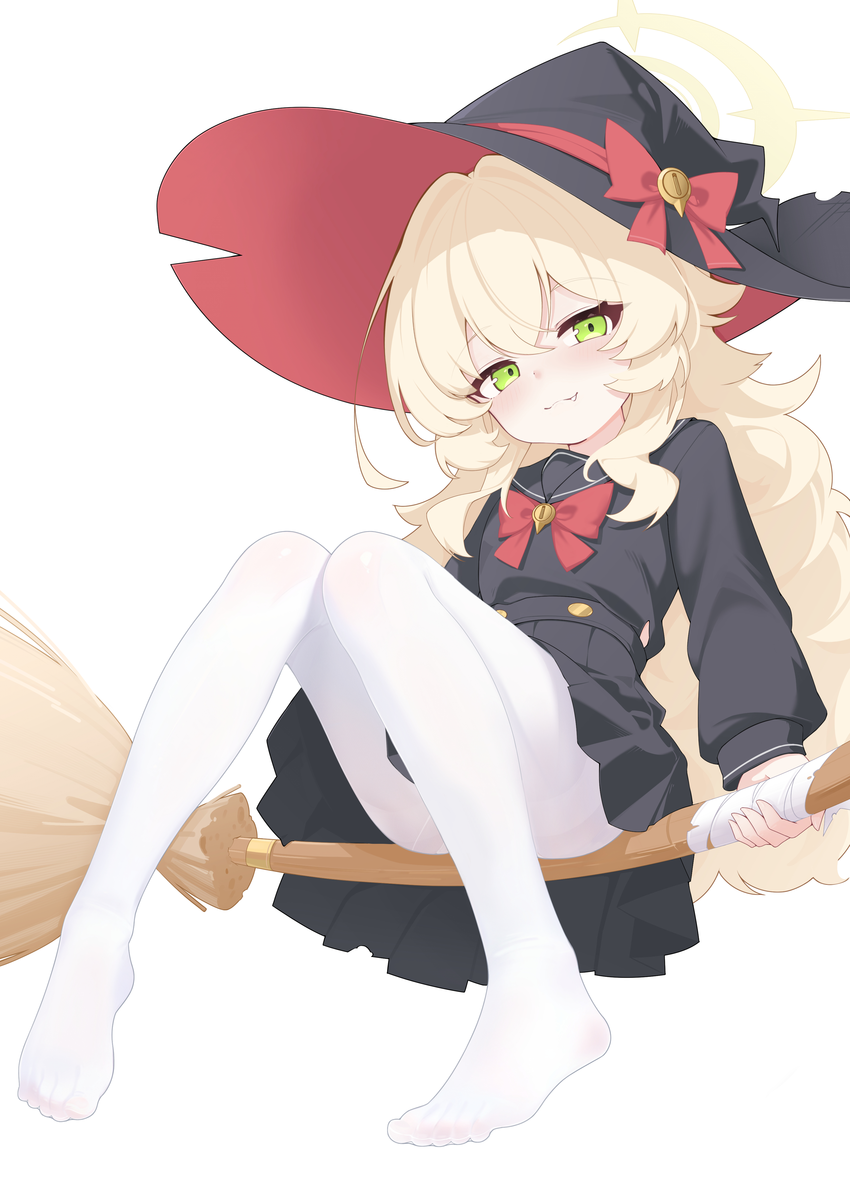 jiuchong ying fengxue, professor niyaniya (blue archive), blue archive, fluffy hair, absurdres, commentary, highres, 1girl, :3, alternate costume, black hat, black sailor collar, black shirt, black skirt, blonde hair, blush, bow, bowtie, broom, broom riding, buttons, closed mouth, clothing cutout, convenient leg, fang, full body, green eyes, hair between eyes, halo, hat, hat bow, holding, holding broom, knees together feet apart, legs, long hair, long sleeves, looking at viewer, multicolored hat, no shoes, panties, panties under pantyhose, pantyhose, pleated skirt, red bow, red bowtie, red hat, sailor collar, shirt, side cutout, sidelocks, sidesaddle, simple background, sitting, skirt, smile, solo, thighband pantyhose, toes, underwear, white background, white pantyhose, witch hat, yellow halo