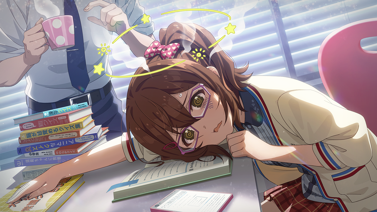 kasuga mirai, idolmaster, idolmaster million live!, idolmaster million live! theater days, commentary request, game cg, official art, third-party source, 1boy, 1girl, @ @, book, bow, brown eyes, brown hair, chair, coffee mug, cup, desk, hair bow, heart, heart print, holding, holding cup, indoors, jacket, mug, on chair, one side up, open book, open clothes, open jacket, pink bow, plaid clothes, plaid skirt, print bow, red skirt, short hair, sitting, skirt, sweatdrop