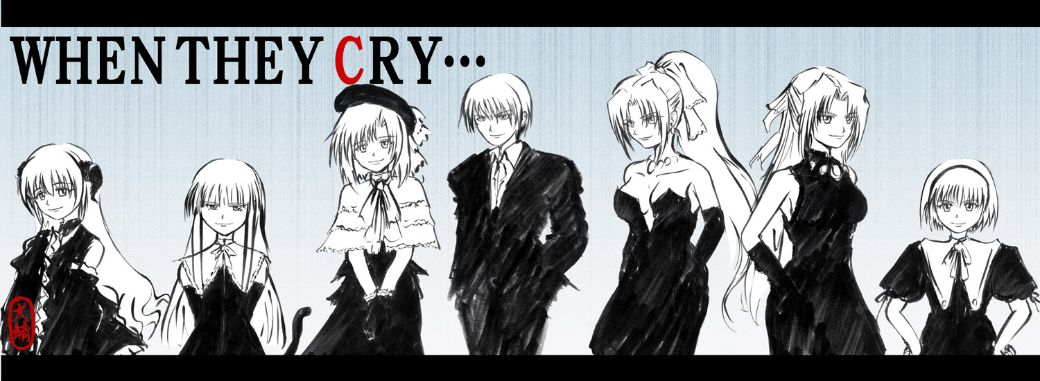 furude rika, hanyuu, houjou satoko, maebara keiichi, ryuuguu rena, sonozaki mion, sonozaki shion, higurashi no naku koro ni, 00s, 1boy, 6+girls, alternate costume, beret, copyright name, dress, formal clothes, gloves, half updo, hat, horns, long hair, monochrome, multiple girls, ponytail, ribbon, short hair, siblings, sisters, twins