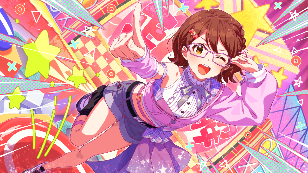 kasuga mirai, idolmaster, idolmaster million live!, idolmaster million live! theater days, commentary request, game cg, official art, third-party source, 1girl, adjusting eyewear, braid, brown eyes, brown hair, glasses, hair ornament, heart, heart hair ornament, jacket, leg up, looking at viewer, official alternate costume, official alternate hairstyle, one eye closed, open mouth, outstretched arm, partially unzipped, pink jacket, pointing, shirt, short hair, shorts, smile, solo, standing, standing on one leg, star (symbol), teeth, upper teeth only