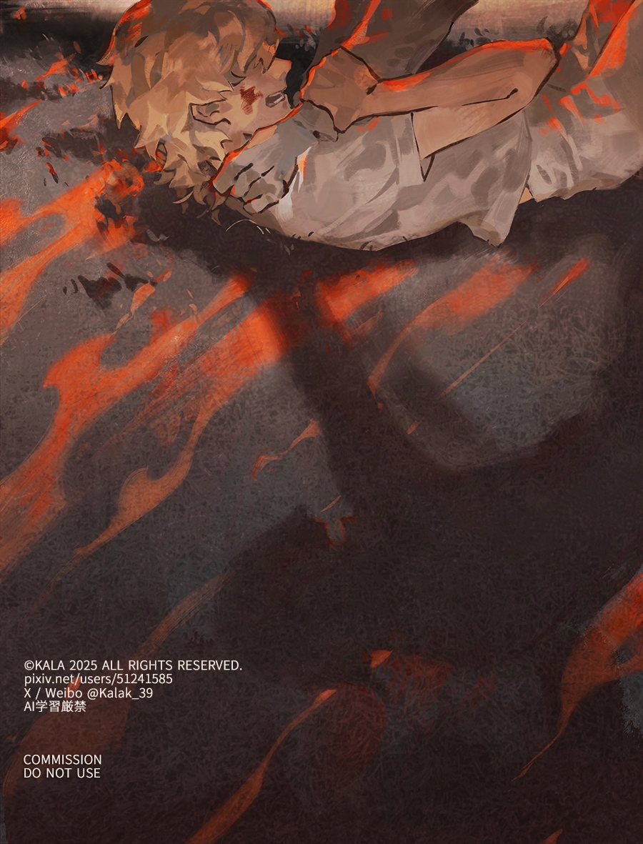 kalak 39, louis (metaphor: refantazio), metaphor: refantazio, commentary request, commission, spoilers, 1boy, 1other, aged down, blonde hair, blood, blood on face, fire, gloves, grass, hair over eyes, holding another's wrist, lying, male focus, medium hair, on back, open mouth, out of frame, outdoors, pixiv id, shirt, short sleeves, shorts, solo focus, strangling, twitter username, weibo username, white gloves, white shirt, white shorts
