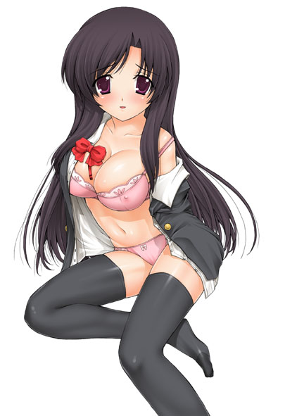 katsura kotonoha, school days, 00s, 1girl, black hair, bow, bra, brown eyes, female focus, lingerie, long hair, open clothes, open shirt, panties, red bow, school uniform, shirt, solo, thighhighs, underwear
