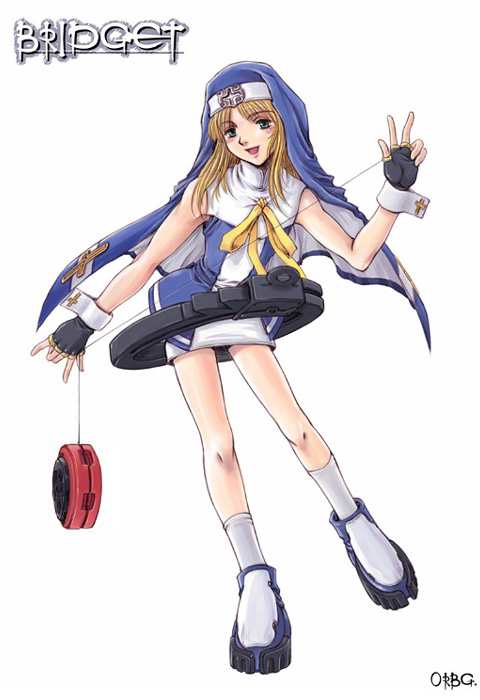 orebalgum, bridget (guilty gear), arc system works, guilty gear, guilty gear xx, commentary request, korean commentary, androgynous, ankle socks, bare arms, bare shoulders, black gloves, blonde hair, blue jacket, blue shoes, blue veil, buttoned cuffs, buttons, character name, contrapposto, cross, dress, fingerless gloves, full body, gloves, green eyes, high collar, jacket, latin cross, legs apart, long hair, nose, nun, open mouth, platform shoes, puritan collar, shoes, shorts, sleeveless, sleeveless jacket, socks, standing, standing on one leg, tree, turtleneck, two-sided veil, veil, w, watermark, web address, white dress, white shoes, white socks, white wrist cuffs, wrist cuffs, yo-yo