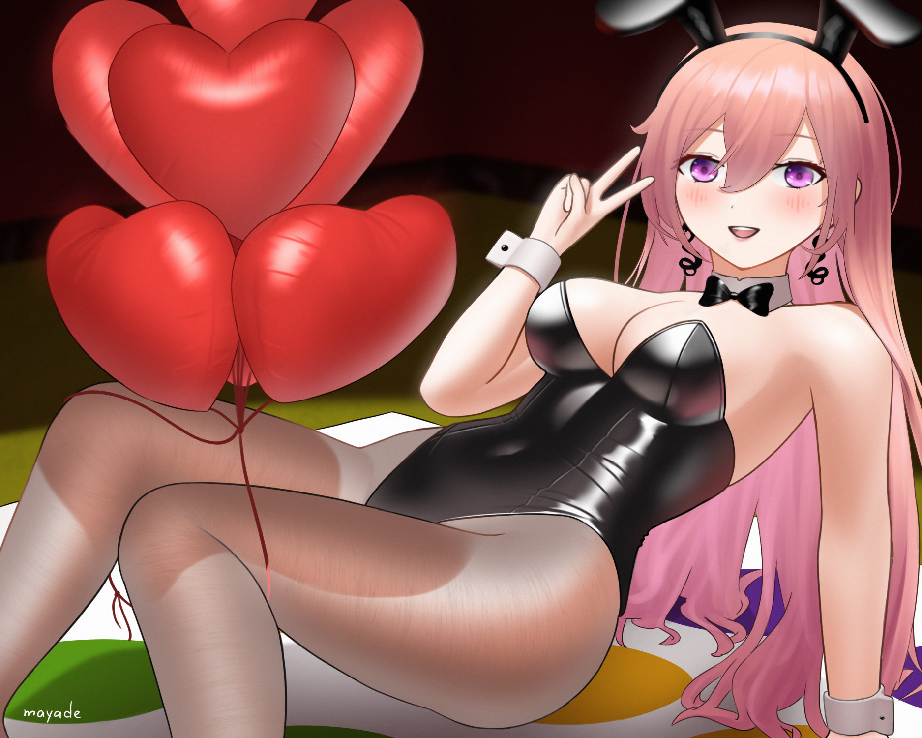 mayade art, runie ruse, phase connect, twister, highres, 1girl, animal ear hairband, animal ears, balloon, black leotard, bow, bowtie, brown pantyhose, detached collar, fake animal ears, feet out of frame, hairband, heart balloon, ismle, leotard, long hair, pantyhose, pink eyes, pink hair, playboy bunny, playing games, rabbit ears, solo, strapless, strapless leotard, v, virtual youtuber, wrist cuffs
