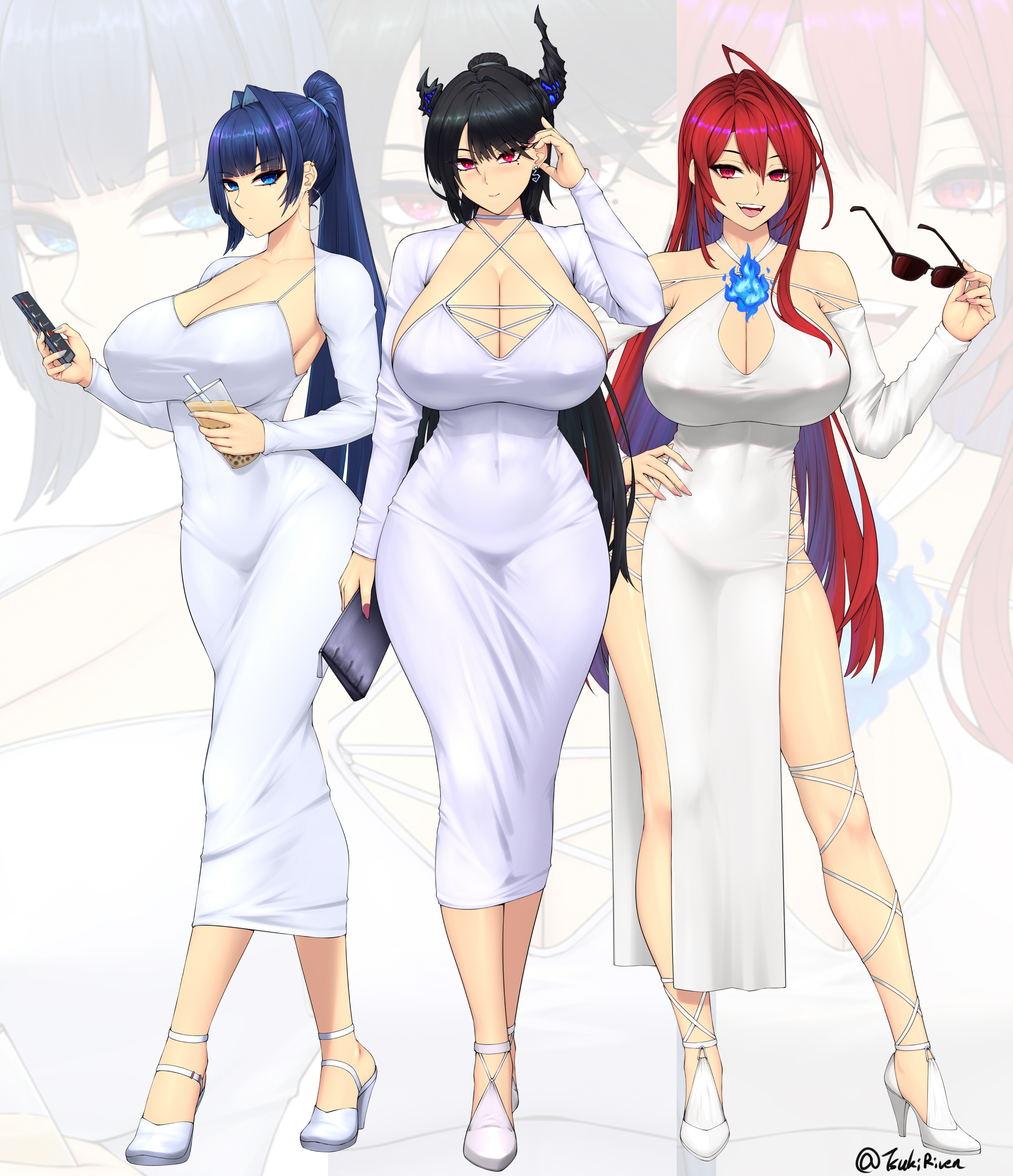 ryu seung, elizabeth rose bloodflame, nerissa ravencroft, ouro kronii, hololive, hololive english, absurdres, highres, ahoge, alternate hairstyle, arm up, asymmetrical horns, black hair, blue eyes, blue fire, blue hair, breasts, bubble tea, cellphone, cleavage, closed mouth, colored inner hair, covered navel, cup, demon horns, dongtan dress, dress, fire, fire on chest, full body, hair intakes, hand on own hip, high heels, high ponytail, holding, holding cup, holding phone, horns, large breasts, long hair, looking at viewer, mole, mole under eye, multicolored hair, open mouth, pencil dress, phone, ponytail, red eyes, red hair, smartphone, smile, standing, sunglasses, taut clothes, tight clothes, tight dress, two-tone hair, very long hair, virtual youtuber, white dress, zoom layer