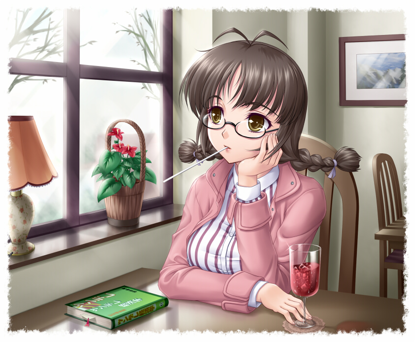 amane (funfun), funfun, akizuki ritsuko, idolmaster, idolmaster (classic), idolmaster 1, striped, 00s, 1girl, antenna hair, braid, brown eyes, brown hair, drink, drinking straw, female focus, glasses, mouth hold, short hair, solo, twin braids, window