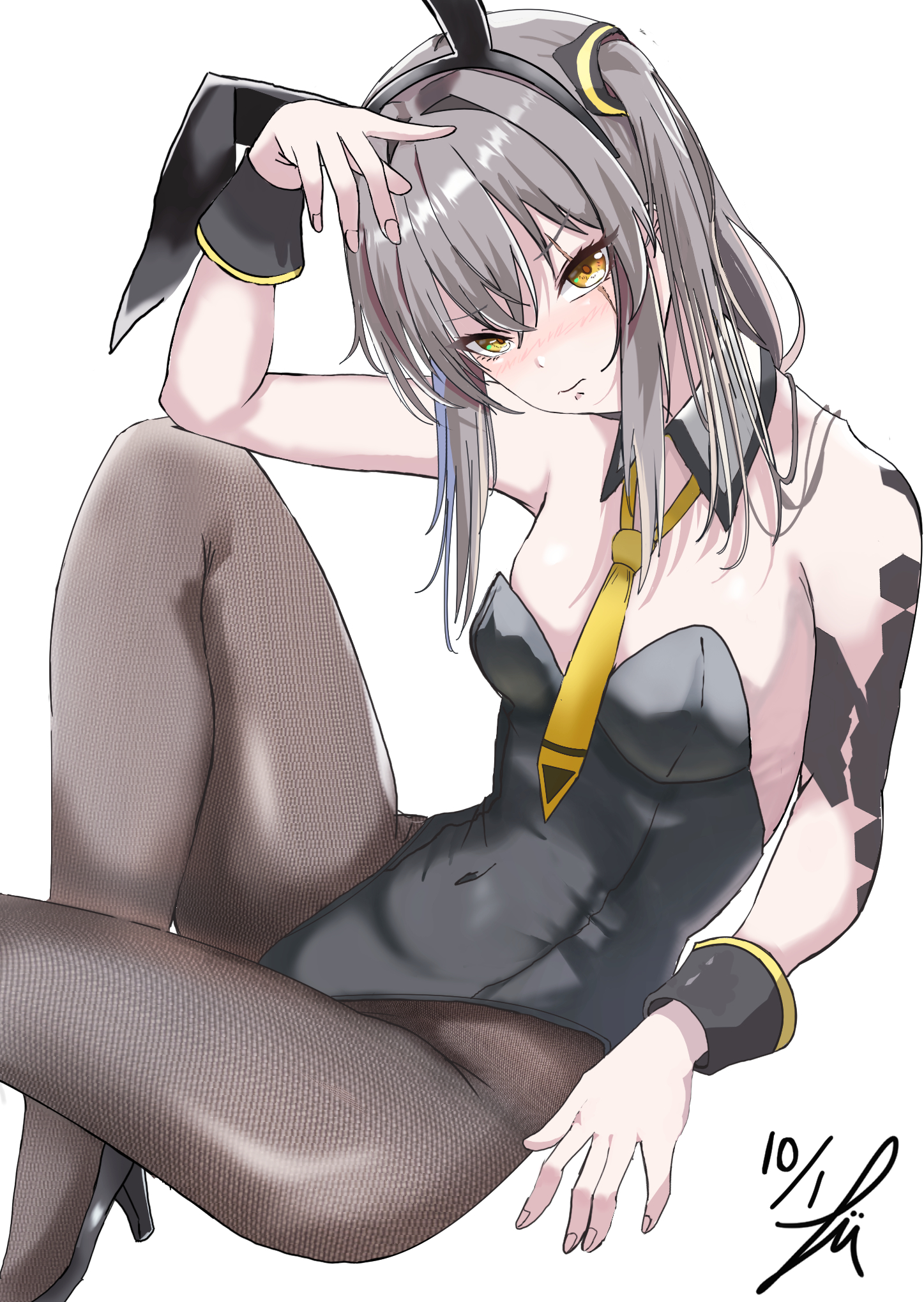 takumi munato, ump45 (girls' frontline), girls' frontline, highres, 1girl, animal ear hairband, animal ears, black leotard, black pantyhose, black shoes, breasts, detached collar, fake animal ears, grey hair, hairband, leotard, long hair, necktie, one side up, pantyhose, playboy bunny, rabbit ears, scar, scar across eye, scar on face, shoes, simple background, small breasts, solo, strapless, strapless leotard, white background, wrist cuffs, yellow eyes, yellow necktie