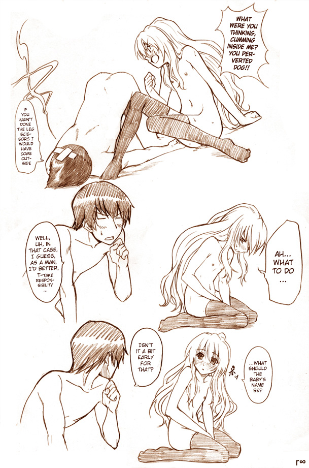 marumi, aisaka taiga, takasu ryuuji, toradora!, hard-translated, third-party edit, translated, 00s, 1boy, 1girl, english text, flat chest, hetero, implied after sex, long hair, monochrome, nipples, sequential, sketch, thighhighs, unwanted creampie, very long hair