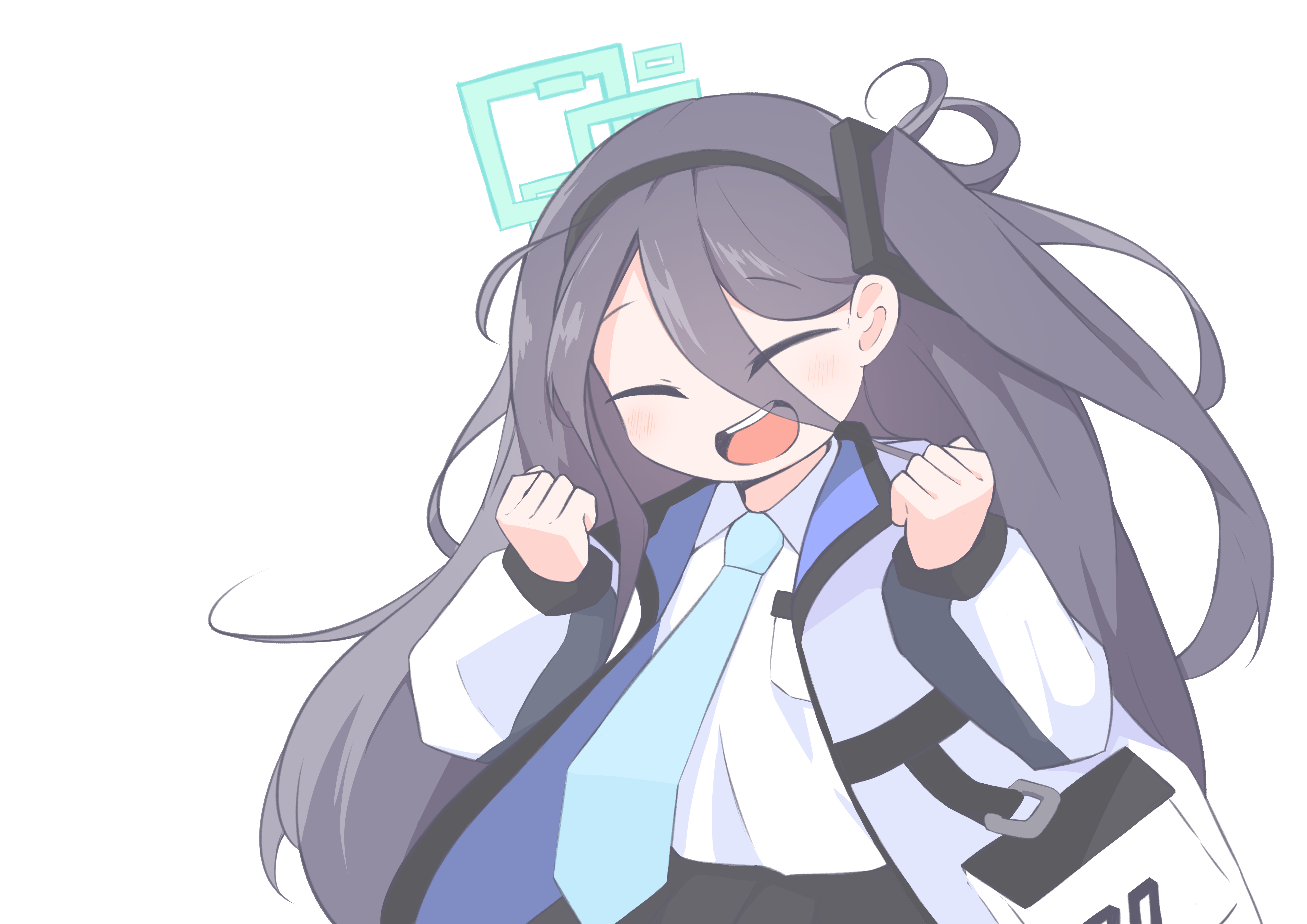 aris (blue archive), blue archive, absurdres, commentary, highres, 1girl, :d, ^ ^, aqua halo, black hair, black hairband, black skirt, blue jacket, blush, clenched hands, closed eyes, collared shirt, eyes visible through hair, hair between eyes, hairband, halo, hands up, happy, jacket, kmini15, long bangs, long hair, long hair between eyes, long sleeves, multicolored jacket, one side up, open clothes, open jacket, open mouth, puffy long sleeves, puffy sleeves, rectangular halo, shirt, simple background, single sidelock, skirt, smile, solo, teeth, two-sided fabric, two-sided jacket, upper body, upper teeth only, very long hair, white background, white jacket, white shirt