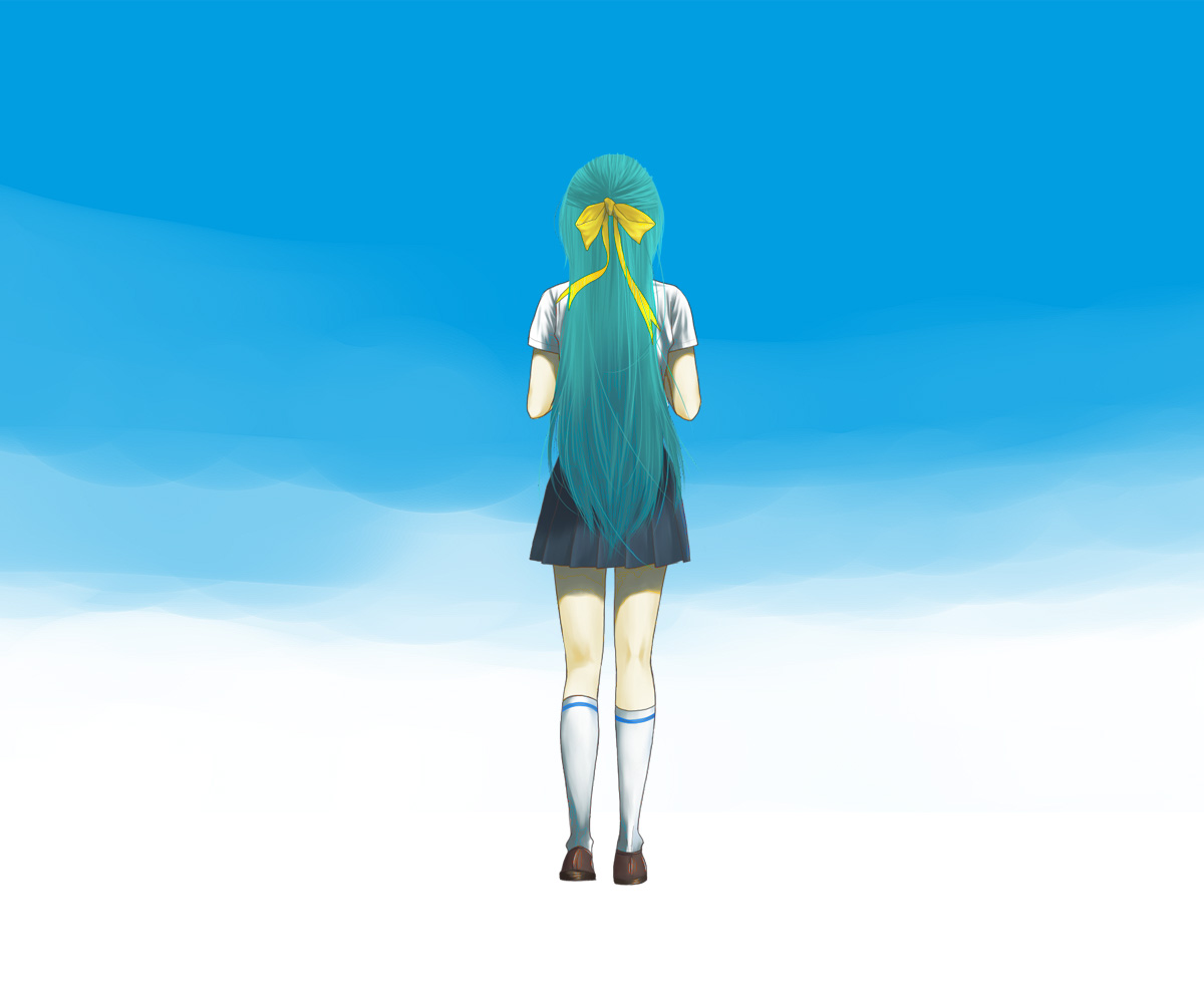 gesunohana, mu-ko, sonozaki shion, higurashi no naku koro ni, 00s, 1girl, back, female focus, from behind, green hair, half updo, long hair, ribbon, school uniform, sky, socks, solo