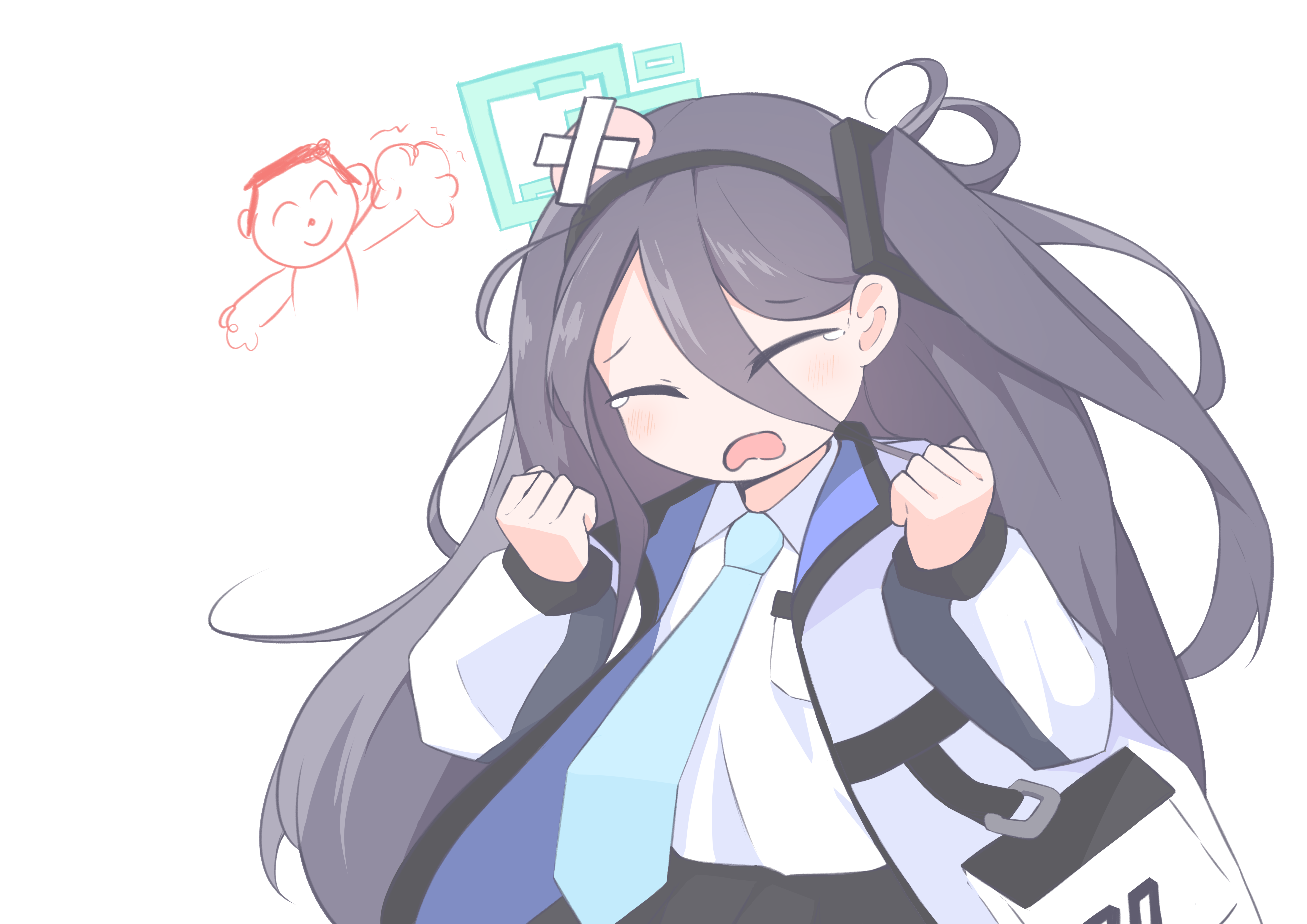 aris (blue archive), doodle sensei (blue archive), sensei (blue archive), blue archive, absurdres, commentary, highres, 1boy, 1girl, aqua halo, black hair, black hairband, black skirt, blue jacket, blush, clenched hands, closed eyes, collared shirt, crossed bandaids, eyes visible through hair, hair between eyes, hairband, halo, hands up, head bump, jacket, kmini15, long bangs, long hair, long hair between eyes, long sleeves, multicolored jacket, one side up, open clothes, open jacket, open mouth, puffy long sleeves, puffy sleeves, rectangular halo, shirt, simple background, single sidelock, skirt, solo focus, tears, teeth, two-sided fabric, two-sided jacket, upper body, upper teeth only, very long hair, white background, white jacket, white shirt