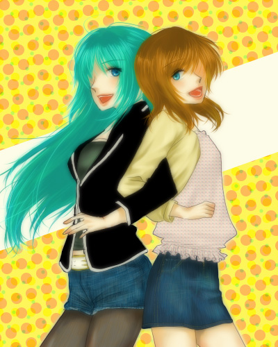 gesunohana, mu-ko, ryuuguu rena, sonozaki shion, higurashi no naku koro ni, lowres, 00s, 2girls, blue eyes, brown hair, casual, green eyes, green hair, jacket, long hair, multiple girls, pantyhose, pantyhose under shorts, pencil skirt, short hair, shorts, skirt