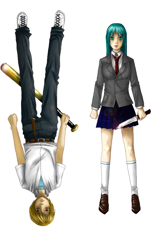gesunohana, mu-ko, houjou satoshi, sonozaki shion, higurashi no naku koro ni, 00s, 1boy, 1girl, bags under eyes, baseball bat, green eyes, green hair, holding, holding weapon, knife, long hair, necktie, red eyes, ribbon, school uniform, shirt, short hair, simple background, skirt, weapon, white background, white shirt
