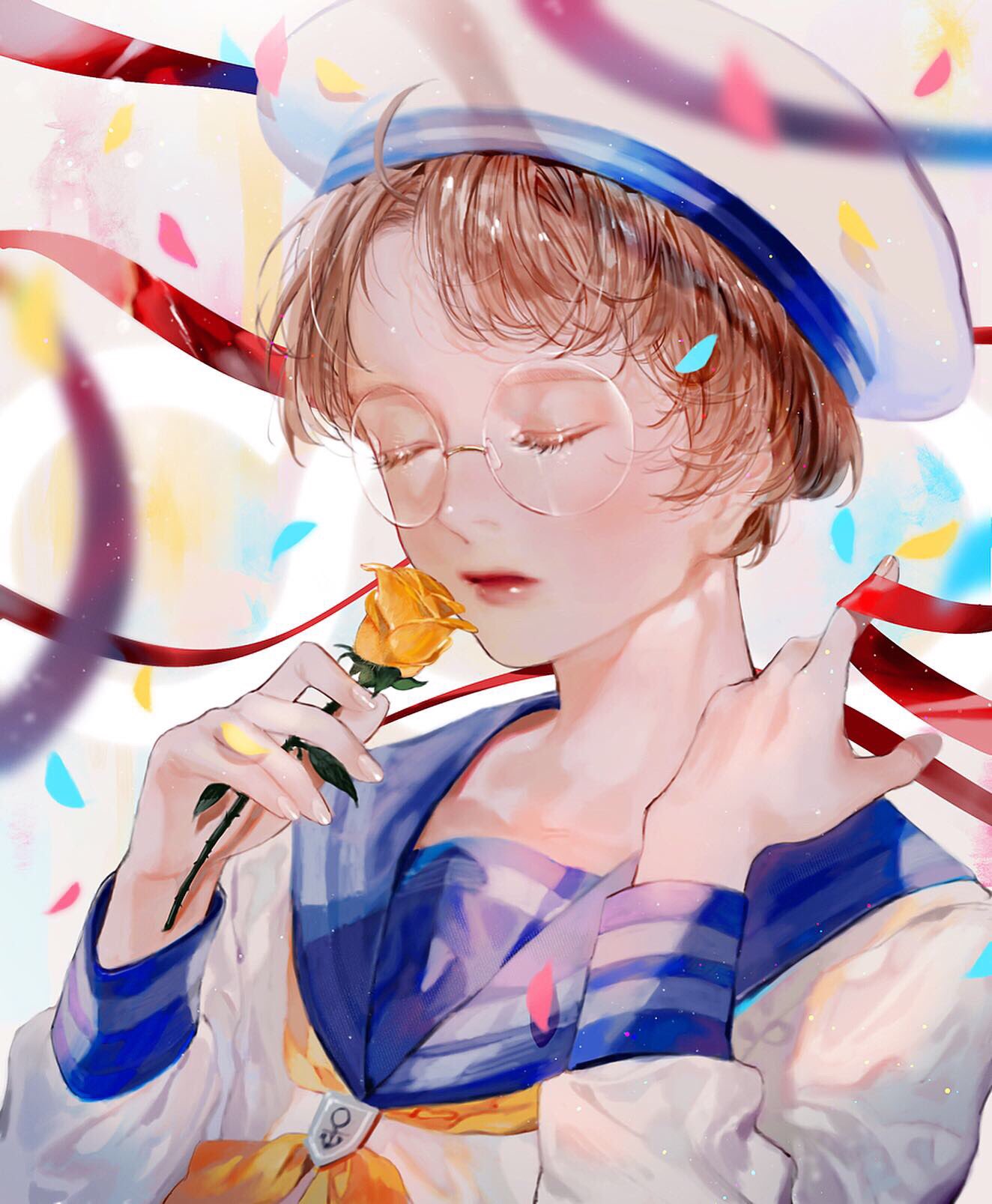 suzumi (ccroquette), jinnai enta, sarazanmai, highres, 1boy, blue sailor collar, brown hair, confetti, flower, hat, holding, holding flower, male focus, neckerchief, parted lips, rose, round eyewear, sailor, sailor collar, short hair, solo, upper body, white hat, yellow flower, yellow neckerchief, yellow rose