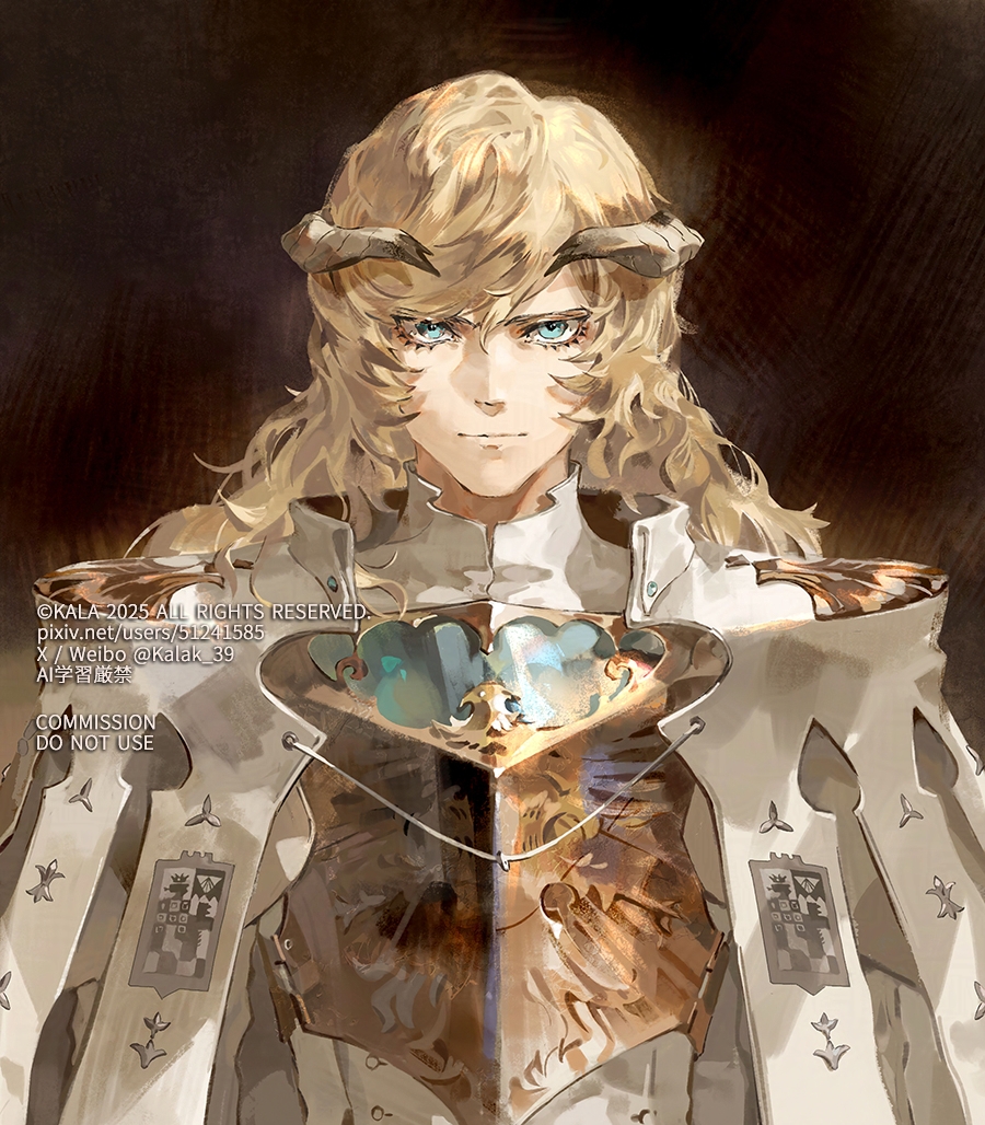 kalak 39, louis (metaphor: refantazio), metaphor: refantazio, commentary request, commission, 1boy, armor, arms at sides, black background, blonde hair, blue eyes, breastplate, cape, closed mouth, coat, collared cape, gold armor, hair between eyes, horns, light smile, long hair, looking at viewer, lower eyelashes only, male focus, pixiv id, solo, straight-on, twitter username, upper body, weibo username, white cape, white coat