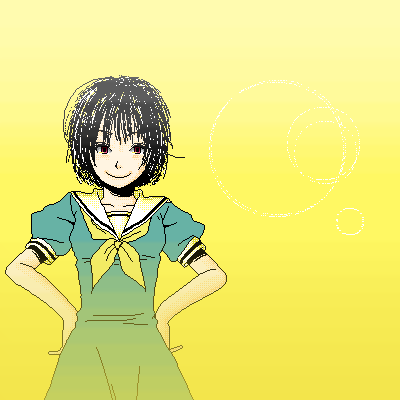 gesunohana, mu-ko, houjou satoko, higurashi no naku koro ni, lowres, 00s, 1girl, dress, female focus, red eyes, school uniform, short hair, smile, solo, yellow background, yellow theme