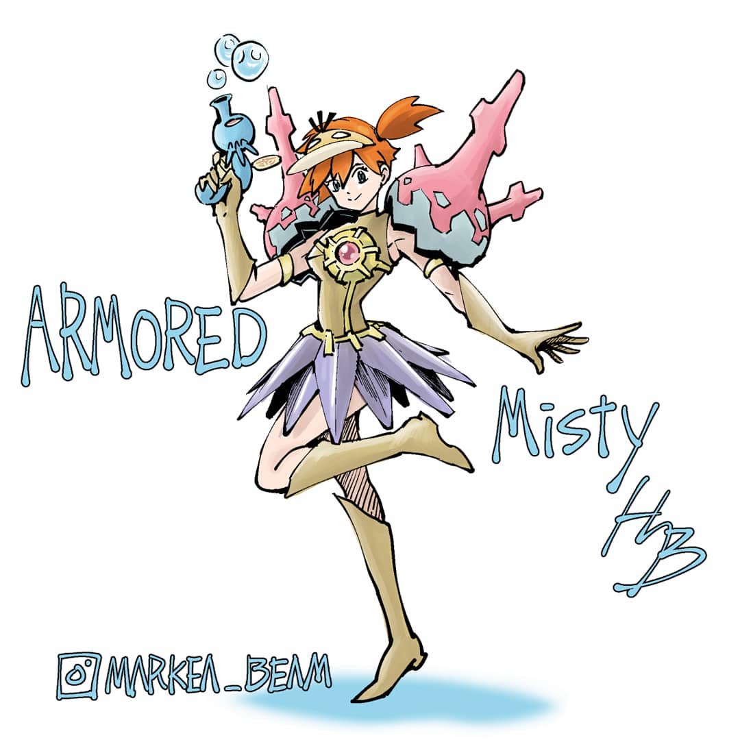 corsola, horsea, misty (pokemon), psyduck, starmie, staryu, nintendo, pokemon, pokemon (anime), pokemon (classic anime), 1girl, alternate costume, boots, bubble, cosplay, elbow gloves, energy gun, gen 1 pokemon, gen 2 pokemon, gloves, gun, holding, knee boots, orange hair, pokemon (creature), short hair, side ponytail, skirt, smile, solo, standing, standing on one leg, visor cap, water gun, weapon