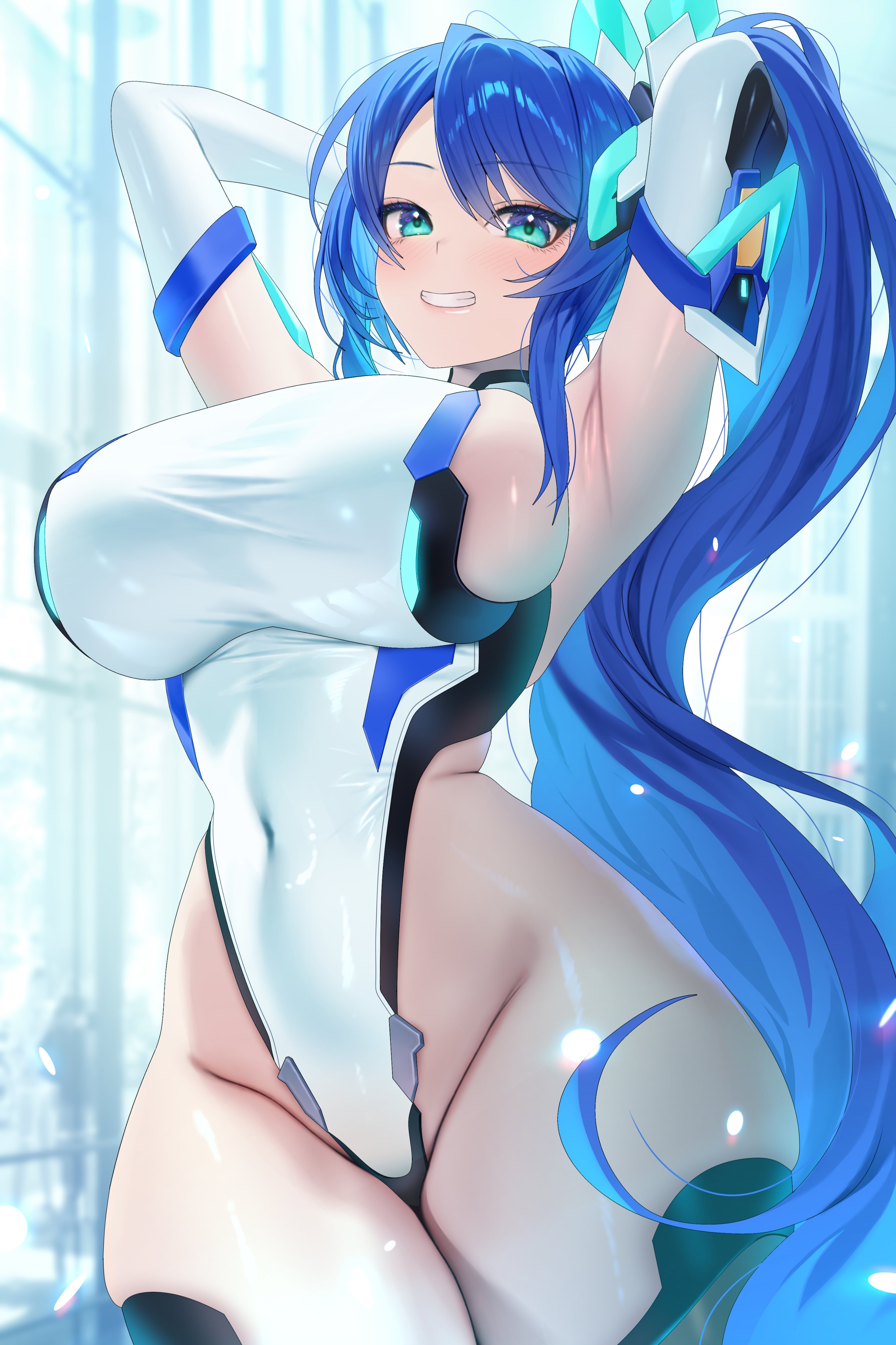 ruhee, alyssa (specktech), original, absurdres, commentary, commission, english commentary, highres, pixiv commission, second-party source, 1girl, aqua eyes, armpits, arms behind head, arms up, bare shoulders, blue hair, blush, breasts, covered navel, gloves, grin, highleg, highleg leotard, large breasts, leotard, light particles, long hair, looking at viewer, sideboob, skindentation, smile, solo, thick thighs, thighs, white gloves, white leotard, wide hips