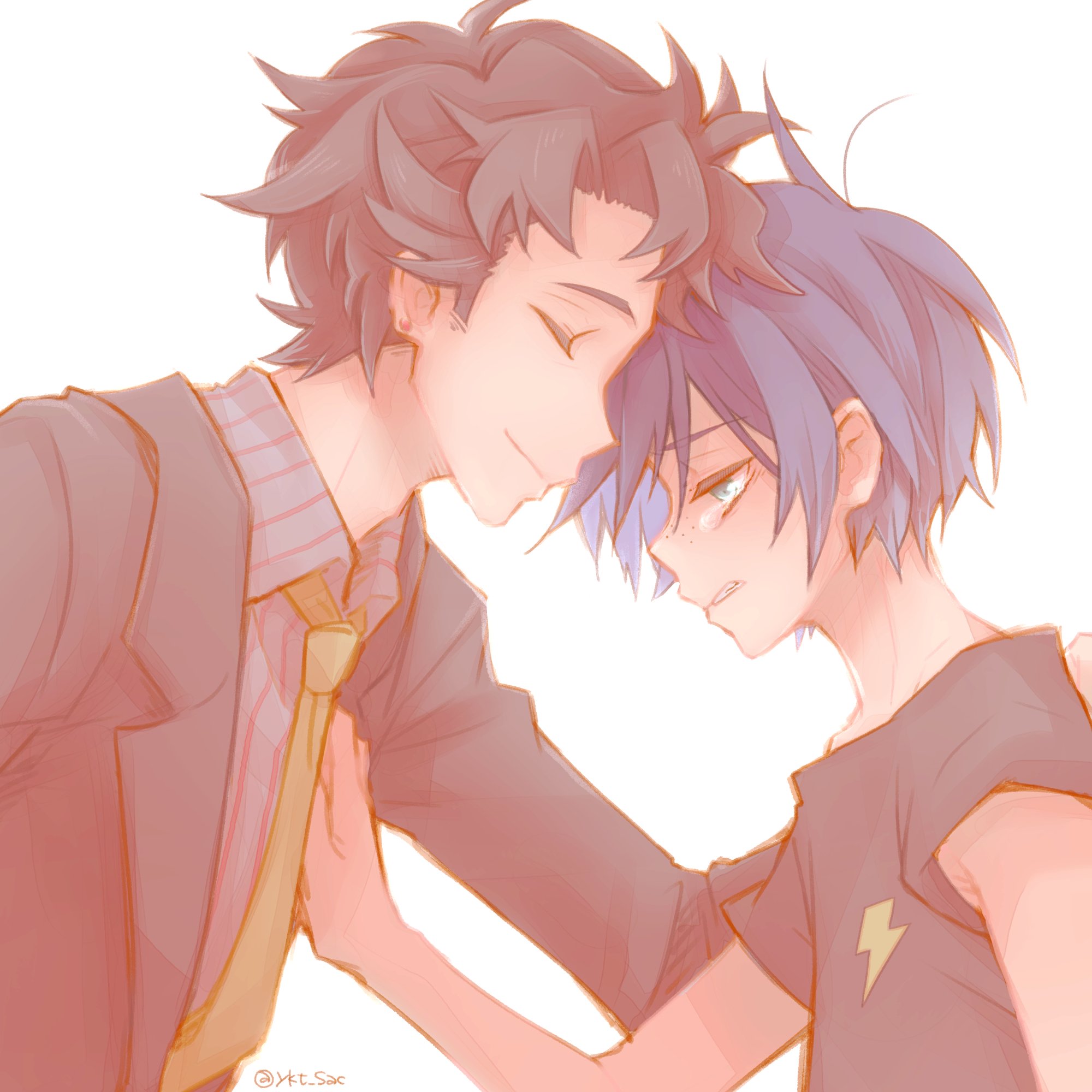 yukichi (yk sac), kuji chikai, kuji toi, sarazanmai, commentary request, highres, 2boys, black shorts, blue eyes, blue hair, brothers, closed eyes, closed mouth, collared shirt, freckles, grey shirt, hand on another's chest, male focus, messy hair, multiple boys, necktie, parted lips, sad, shirt, short hair, shorts, siblings, sideburns, simple background, tears, white background, yellow necktie