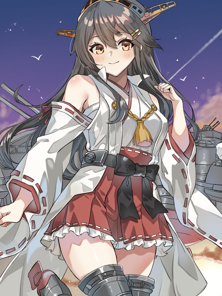 haruna (kancolle), haruna kai ni (kancolle), kantai collection, 1girl, black hair, boots, brown eyes, cowboy shot, detached sleeves, gradient sky, hair ornament, hairclip, hakama, hakama skirt, headgear, japanese clothes, long hair, machinery, miyabi (miyabi mohu), nontraditional miko, pleated skirt, popped collar, purple sky, red skirt, ribbon-trimmed sleeves, ribbon trim, skirt, sky, smile, solo, thigh boots