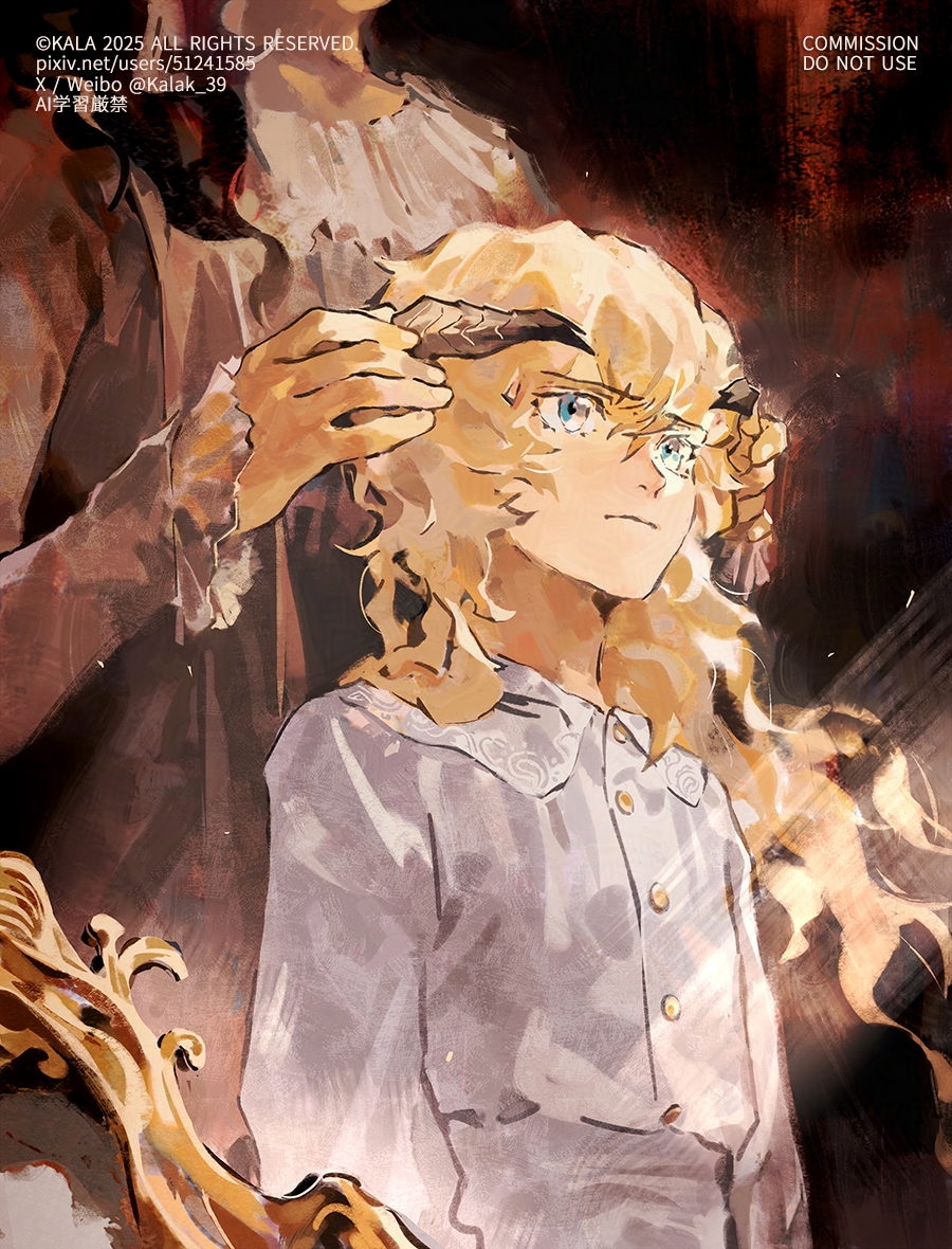 kalak 39, louis (metaphor: refantazio), metaphor: refantazio, commentary request, commission, 1boy, 1girl, aged down, blonde hair, blue eyes, closed mouth, collared shirt, frilled sleeves, frills, front-to-back, hair between eyes, hands on another's head, high-waist pants, long hair, long sleeves, looking ahead, male focus, mirror, nightgown, pants, pixiv id, reflection, reflection focus, shirt, solo focus, twitter username, wavy hair, weibo username, white nightgown, white pants, white shirt