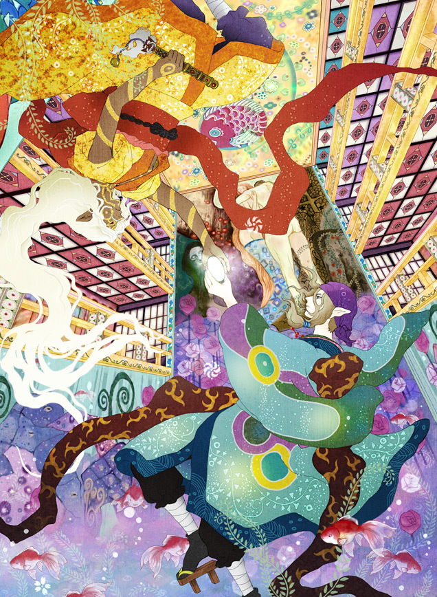 zakuron, kusuriuri (mononoke), mononoke, 00s, 2boys, bandana, blonde hair, fish, geta, goldfish, hair tie, japanese clothes, jewelry, kimono, long hair, makeup, male focus, multiple boys, necklace, obi, pointy ears, rotational symmetry, sash, sheath, sheathed, white hair
