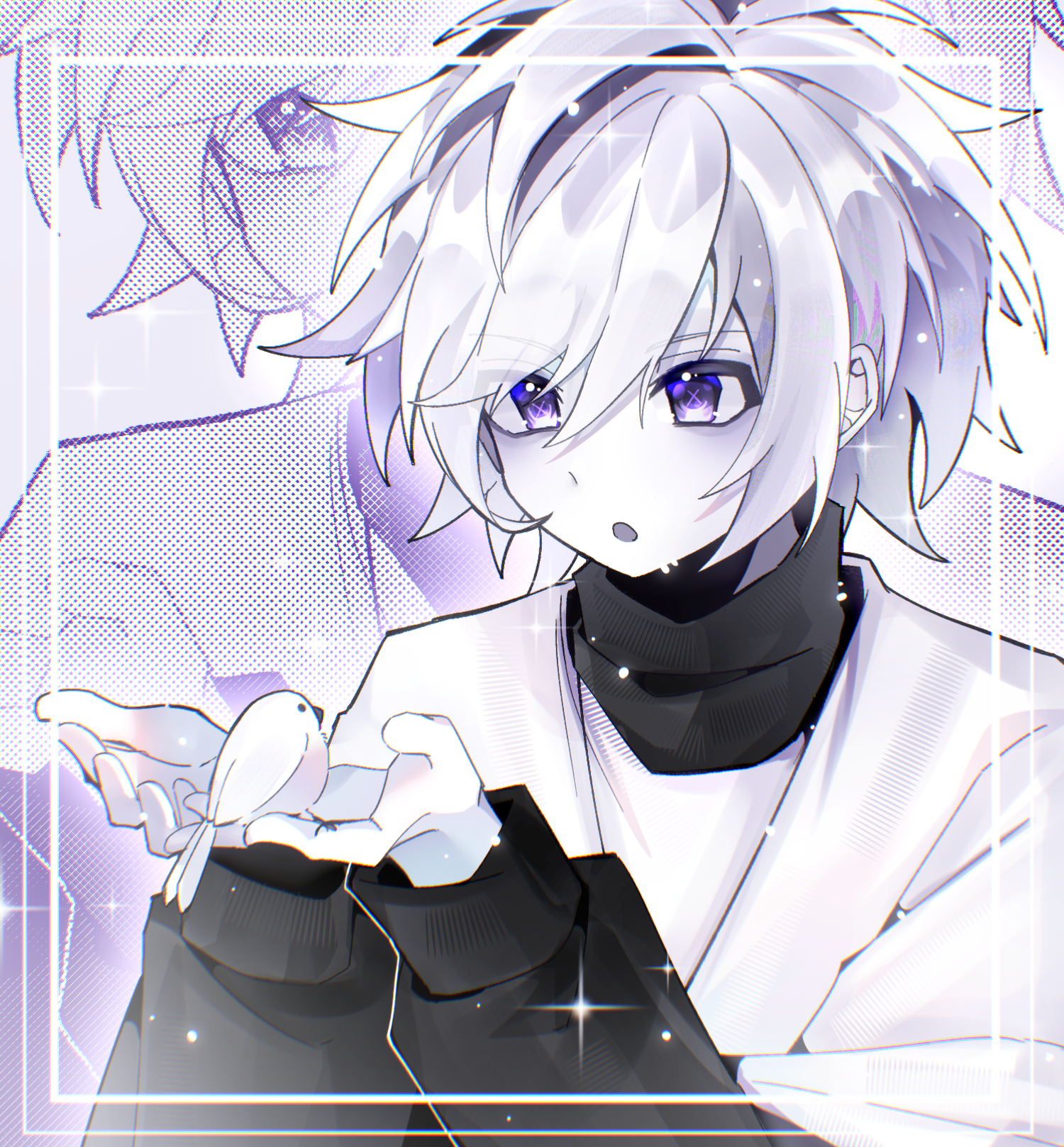 lingxiankong1, chara (undertale), undertale, utdr (toby fox), xtale, commentary request, highres, 1boy, :o, aegyo sal, alternate universe, animal, animal on hand, antenna hair, bird, black sweater, chromatic aberration, colored skin, double-parted bangs, eyes visible through hair, hair between eyes, halftone, halftone background, hands up, inset border, layered sleeves, long sleeves, looking at animal, male focus, open mouth, outline, puffy long sleeves, puffy sleeves, purple eyes, shirt, short hair, short over long sleeves, short sleeves, simple background, solo, sparkle, sweater, swept bangs, turtleneck, turtleneck sweater, upper body, white background, white bird, white hair, white outline, white shirt, white skin, zoom layer