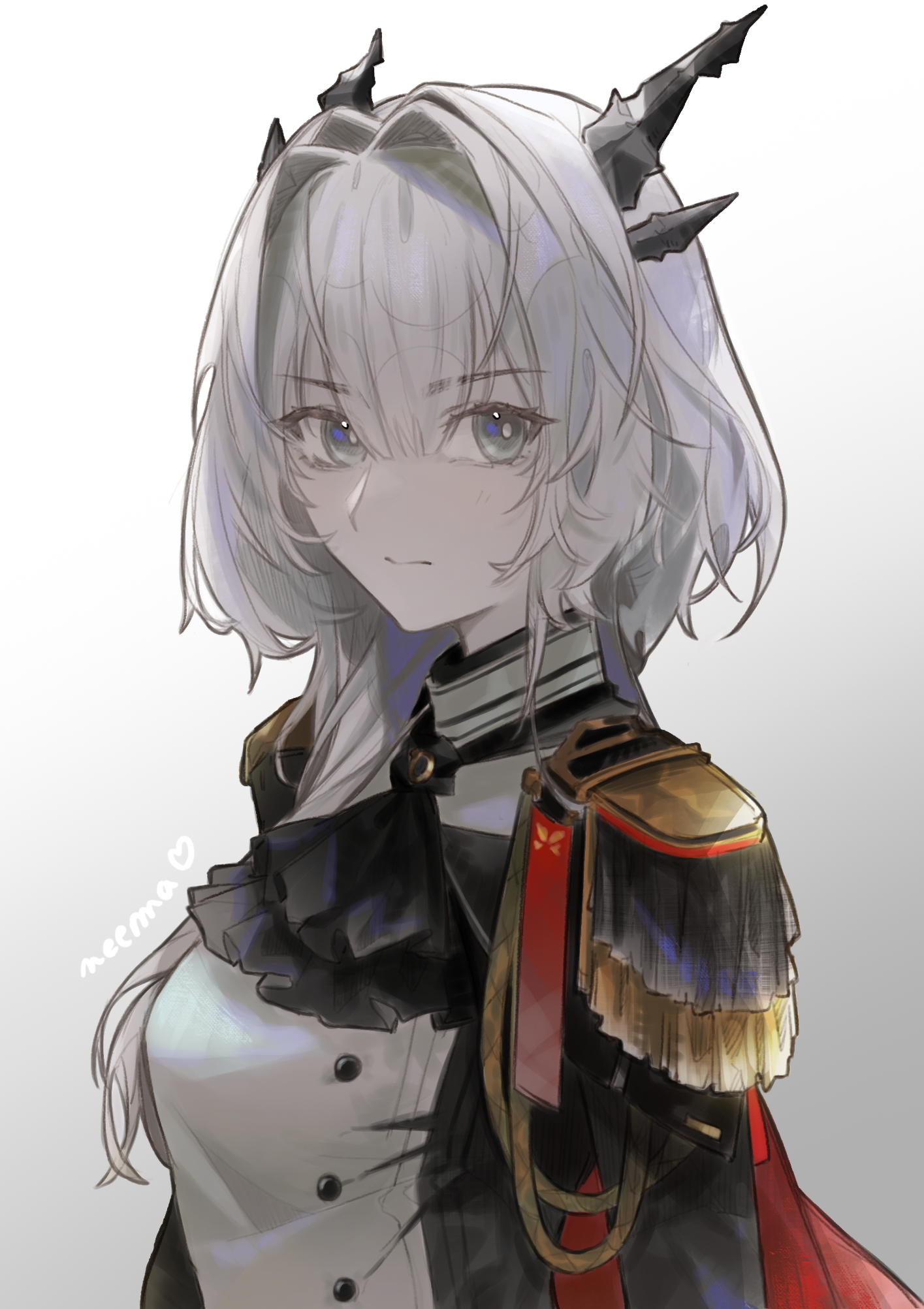 neema (oneemasan), talulah (arknights), talulah the fighter (arknights), arknights, commentary, english commentary, highres, 1girl, aiguillette, artist name, ascot, black ascot, black horns, black jacket, bright pupils, cape, closed mouth, epaulettes, gradient background, grey background, grey eyes, grey hair, hair between eyes, hair intakes, heart, horns, jacket, long hair, looking at viewer, red cape, solo, upper body, white background, white jacket, white pupils