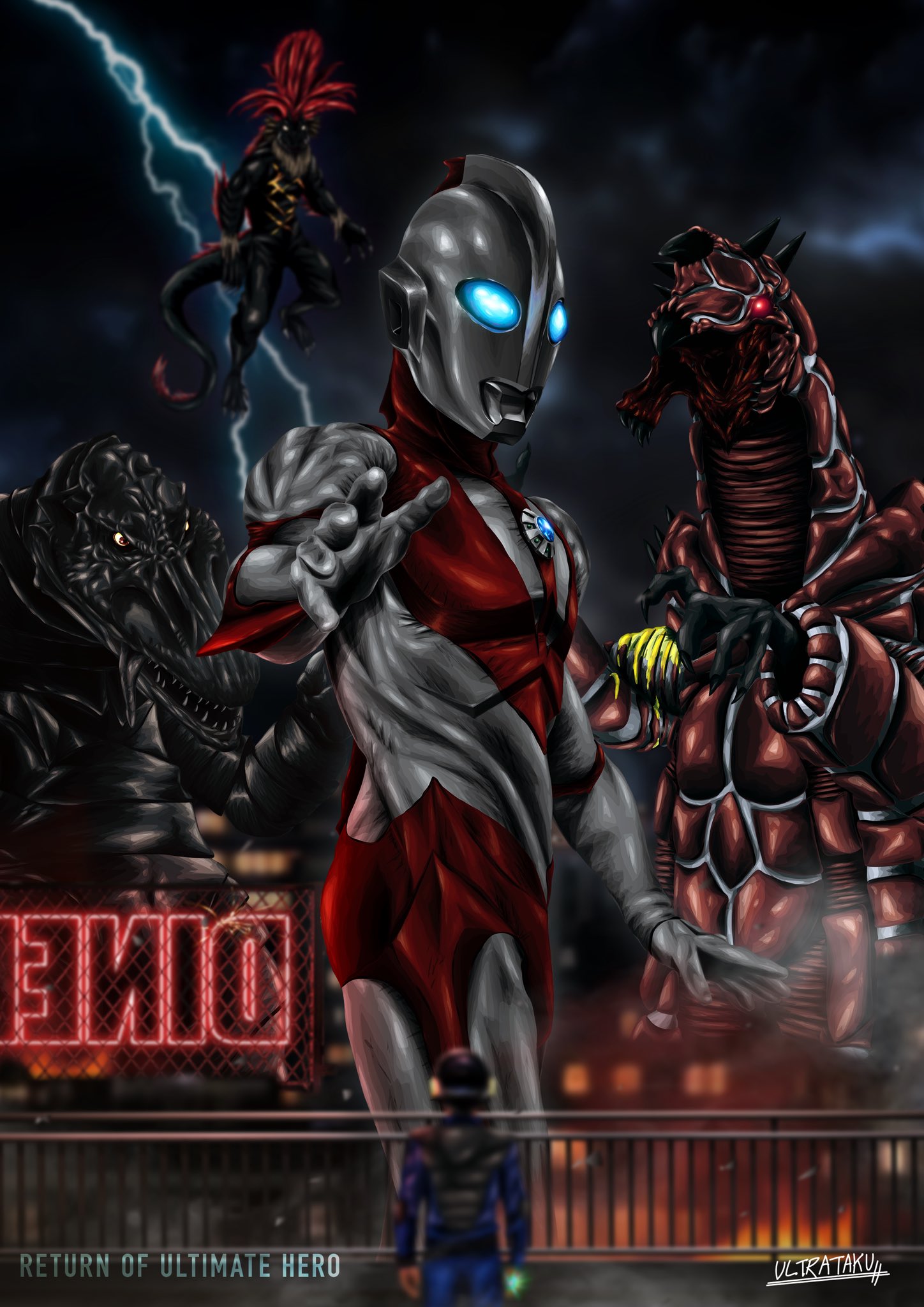 ultrataku, dorako, geronimon, ultraman powered, ultra series, ultraman: the ultimate hero, commentary, english commentary, highres, mixed-language commentary, 2boys, alien, artist name, bleeding, blood, blue eyes, blurry, building, burning, city, cityscape, claws, color timer, colored skin, commentary typo, compound eyes, cowboy shot, depth of field, dorsal fin, dual persona, english text, fangs, feathers, fire, giant, giant male, glowing, glowing eyes, glowing sign, helmet, kaiju, ken'ichi kai, lightning, looking at viewer, looking back, midair, monster, multicolored skin, multiple boys, muscular, muscular male, night, open mouth, outdoors, outstretched arm, outstretched hand, pectorals, railing, reaching, reaching towards viewer, red eyes, red feathers, red skin, sharp teeth, sign, signature, silver skin, smoke, spine, standing, tail, teeth, telesdon, tokusatsu, two-tone skin, wrinkled skin, wrist blades, yellow blood