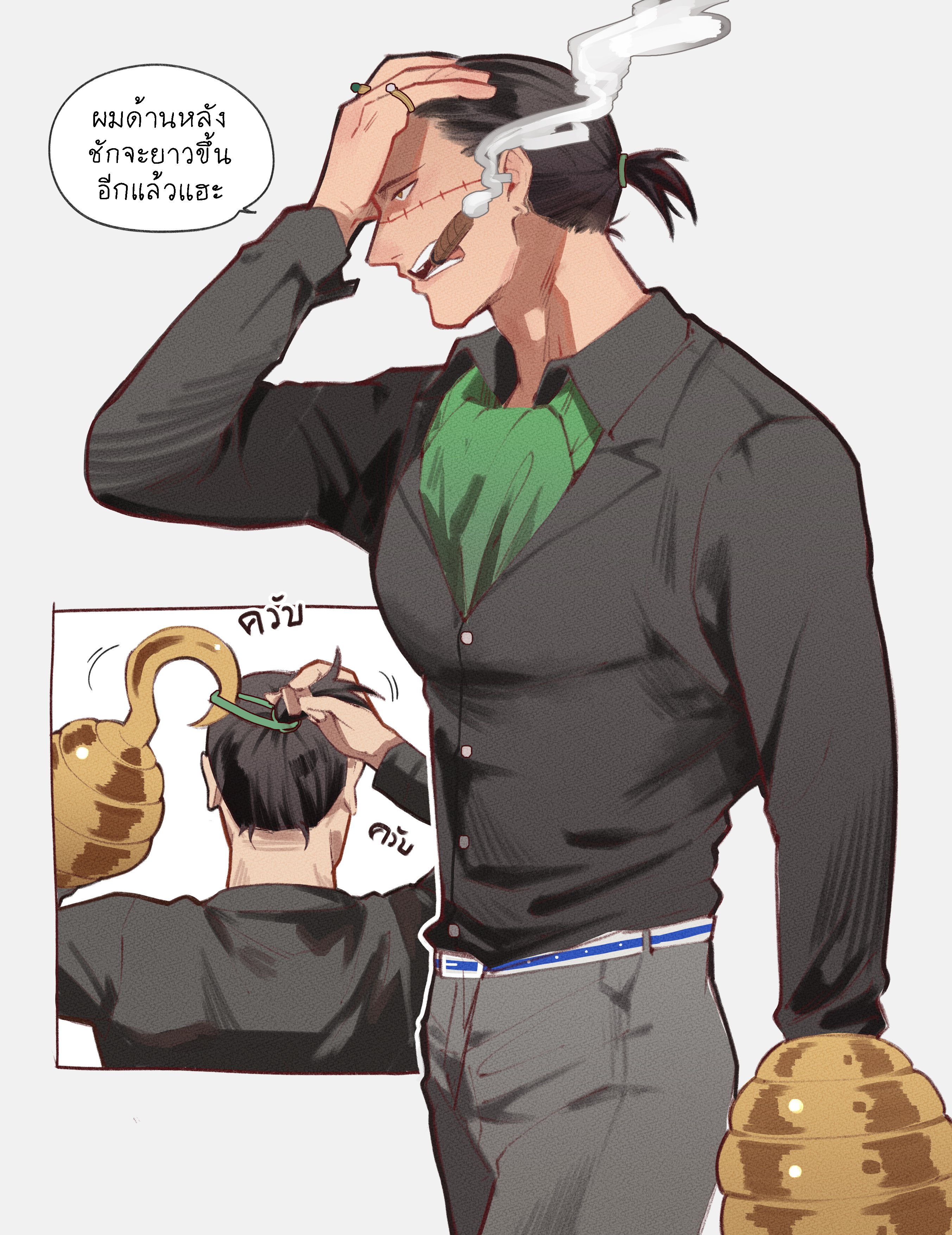 ngumngim, crocodile (one piece), one piece, absurdres, highres, translation request, 1boy, ascot, black hair, black jacket, cigar, green ascot, grey pants, hand on own head, hook hand, jacket, long sleeves, male focus, mature male, mouth hold, multiple views, pants, ponytail, short ponytail, simple background, speech bubble, stitched face, stitches, teeth hold, thai text, tying hair