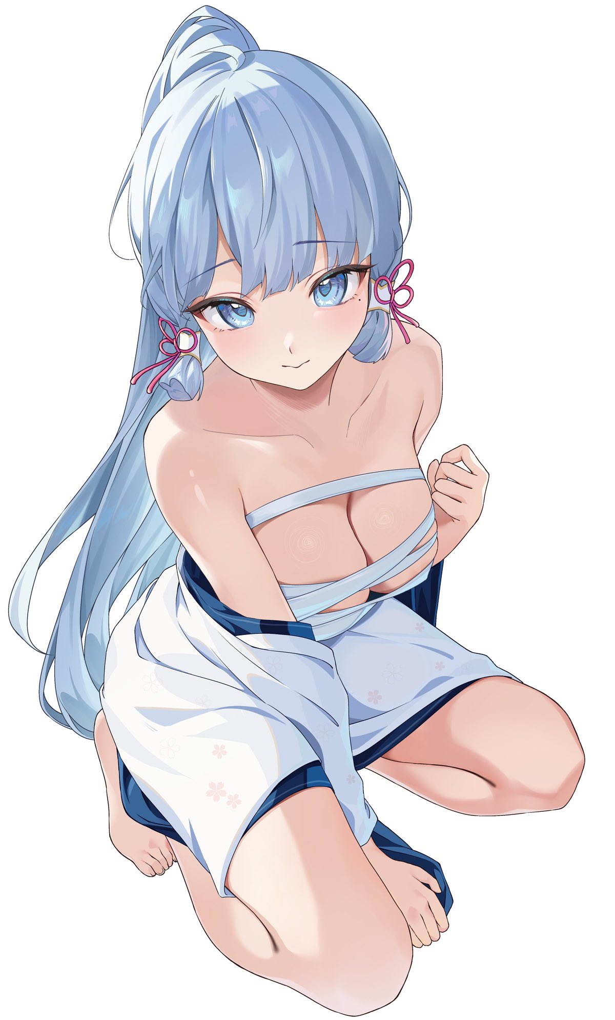 chobonu, ayaka (genshin impact), genshin impact, commentary, highres, 1girl, blue eyes, blue hair, breasts, chest sarashi, cleavage, closed mouth, collarbone, full body, hand up, high ponytail, kneeling, long hair, looking at viewer, medium breasts, mole, mole under eye, ponytail, sarashi, sidelocks, simple background, solo, very long hair, white background