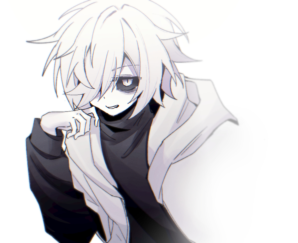 lingxiankong1, chara (undertale), undertale, utdr (toby fox), xtale, commentary request, 1boy, :d, alternate universe, bags under eyes, black sclera, black sweater, chromatic aberration, colored sclera, colored skin, from above, grin, hair flaps, hair over one eye, hand on own shoulder, hand up, hood, hood down, hooded jacket, jacket, long sleeves, looking at viewer, one eye covered, open clothes, open jacket, open mouth, puffy long sleeves, puffy sleeves, short-sleeved jacket, short hair, short sleeves, simple background, smile, sweater, upper body, white background, white eyes, white hair, white jacket, white skin