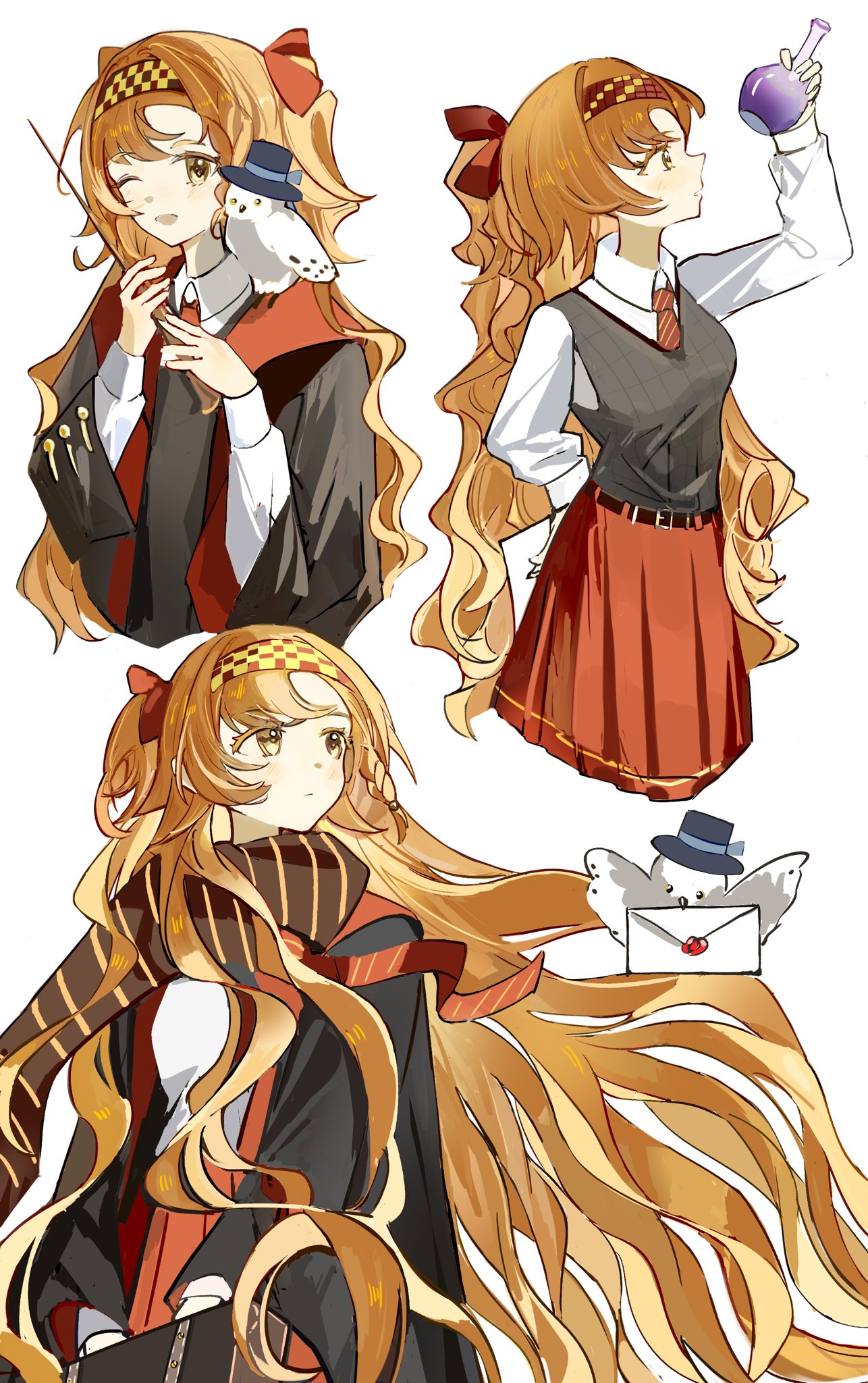seventeen meimi, sonetto (reverse:1999), vertin (reverse:1999), harry potter (series), reverse:1999, wizarding world, highres, 1girl, ;d, animal, animal on shoulder, animalization, arm behind back, bird, bird on shoulder, black robe, checkered hairband, envelope, flask, grey vest, gryffindor, hairband, hogwarts school uniform, holding, holding flask, holding wand, long hair, looking to the side, miniskirt, multiple views, necktie, one eye closed, open mouth, orange hair, owl, red necktie, red skirt, robe, round-bottom flask, school uniform, shirt, skirt, smile, snowy owl, turning head, two side up, very long hair, vest, wand, white shirt, yellow eyes