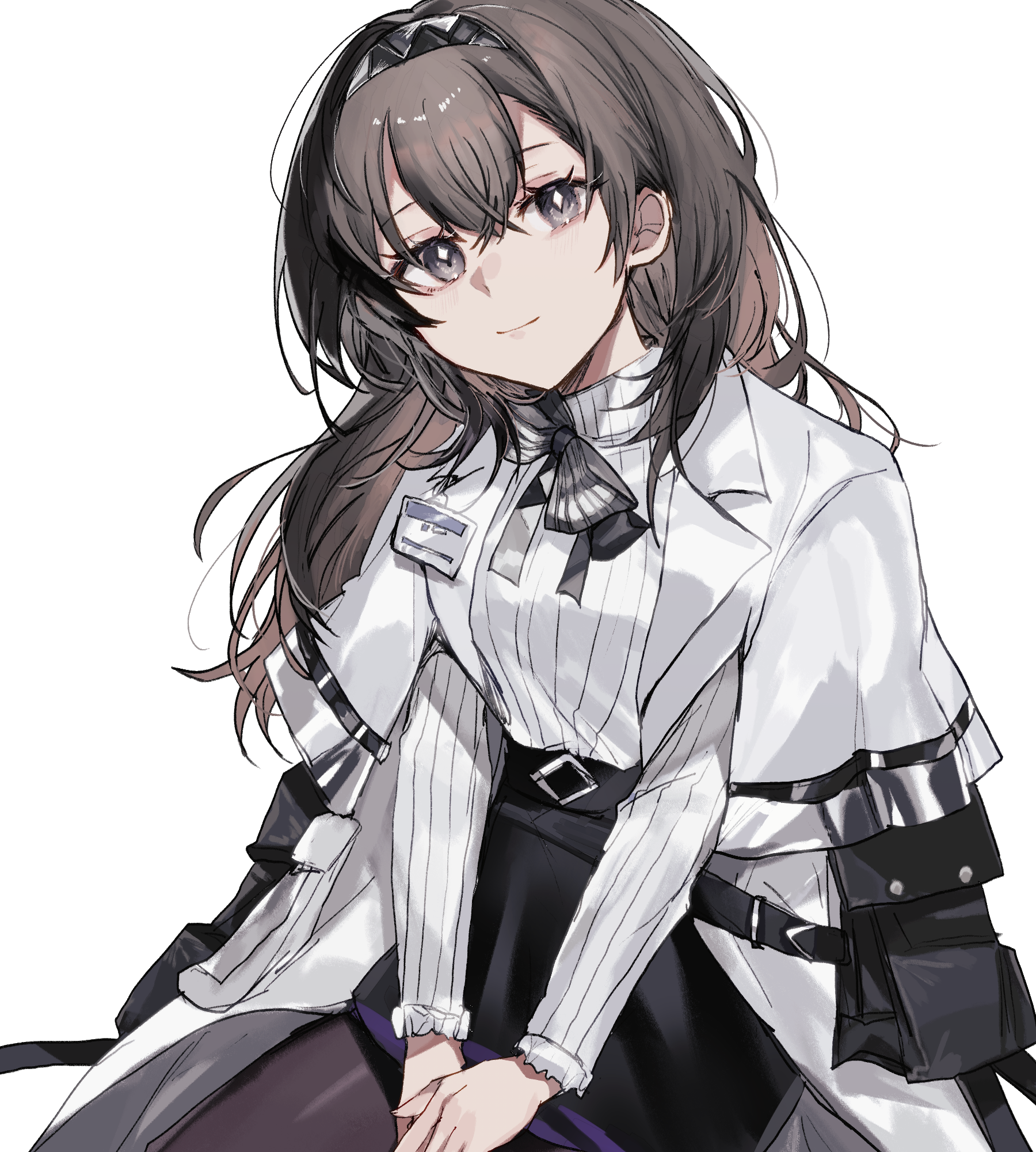 fumi (rdbm), priestess (arknights), arknights, commentary request, highres, partial commentary, 1girl, black eyes, black hair, black hairband, black pantyhose, bright pupils, brown hair, closed mouth, coat, crossed bangs, diamond-shaped pupils, diamond (shape), hair between eyes, hairband, lab coat, lapels, long hair, long sleeves, looking at viewer, multicolored hair, open clothes, open coat, own hands together, pantyhose, ribbed sleeves, ribbed sweater, smile, solo, streaked hair, sweater, symbol-shaped pupils, turtleneck, turtleneck sweater, white coat, white pupils